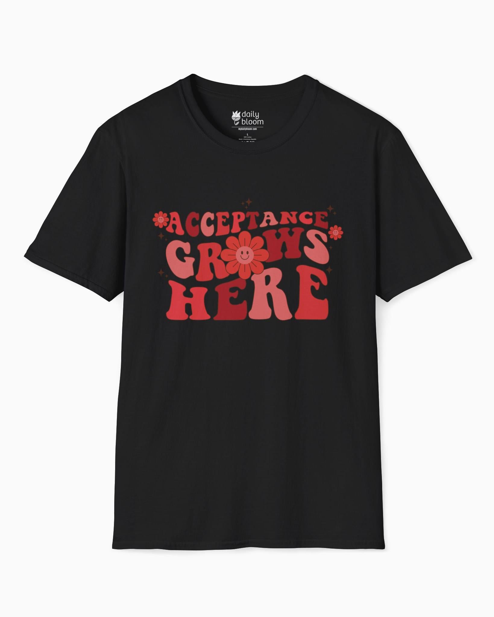 Acceptance Grows Here Groovy-Black-Neurodiversity, ADHD & Autism Awareness & Acceptance T-Shirt by Daily Bloom