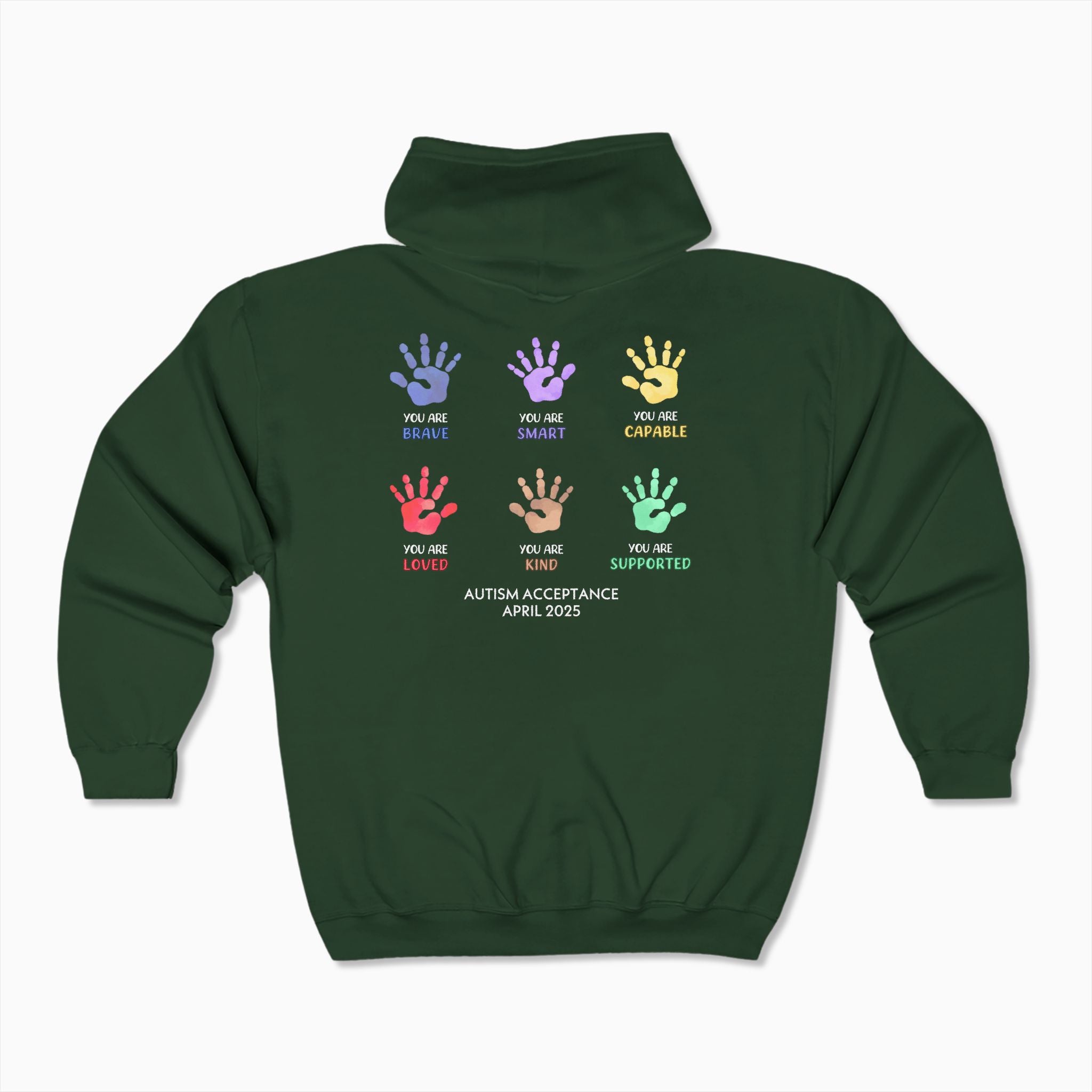 Autism Awareness 2025 - Affirmations Handprints Zip Up Hoodie