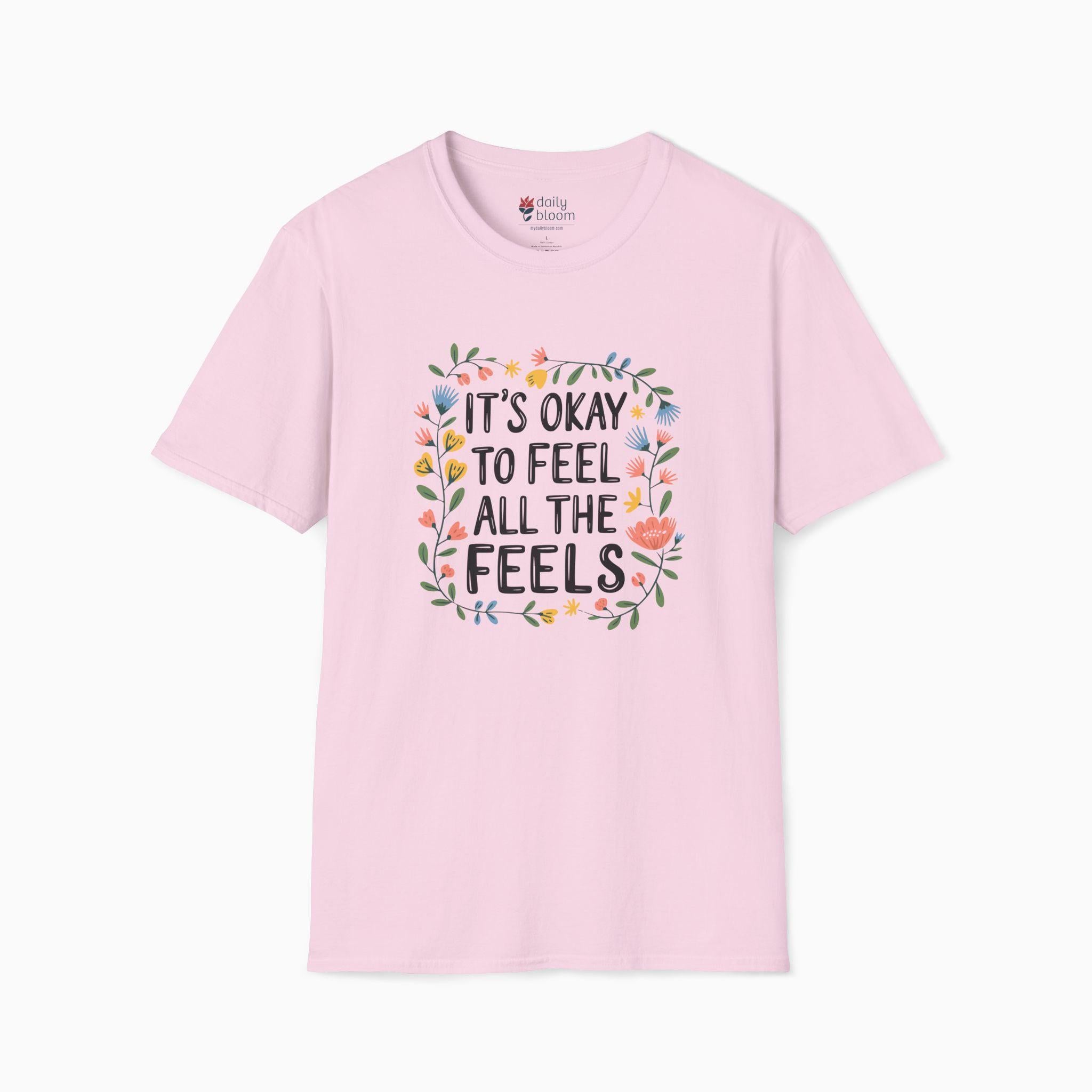 It's Okay To Feel All The Feels Tee-Light Pink-Neurodiversity, ADHD & Autism Awareness & Acceptance T-Shirt by Daily Bloom