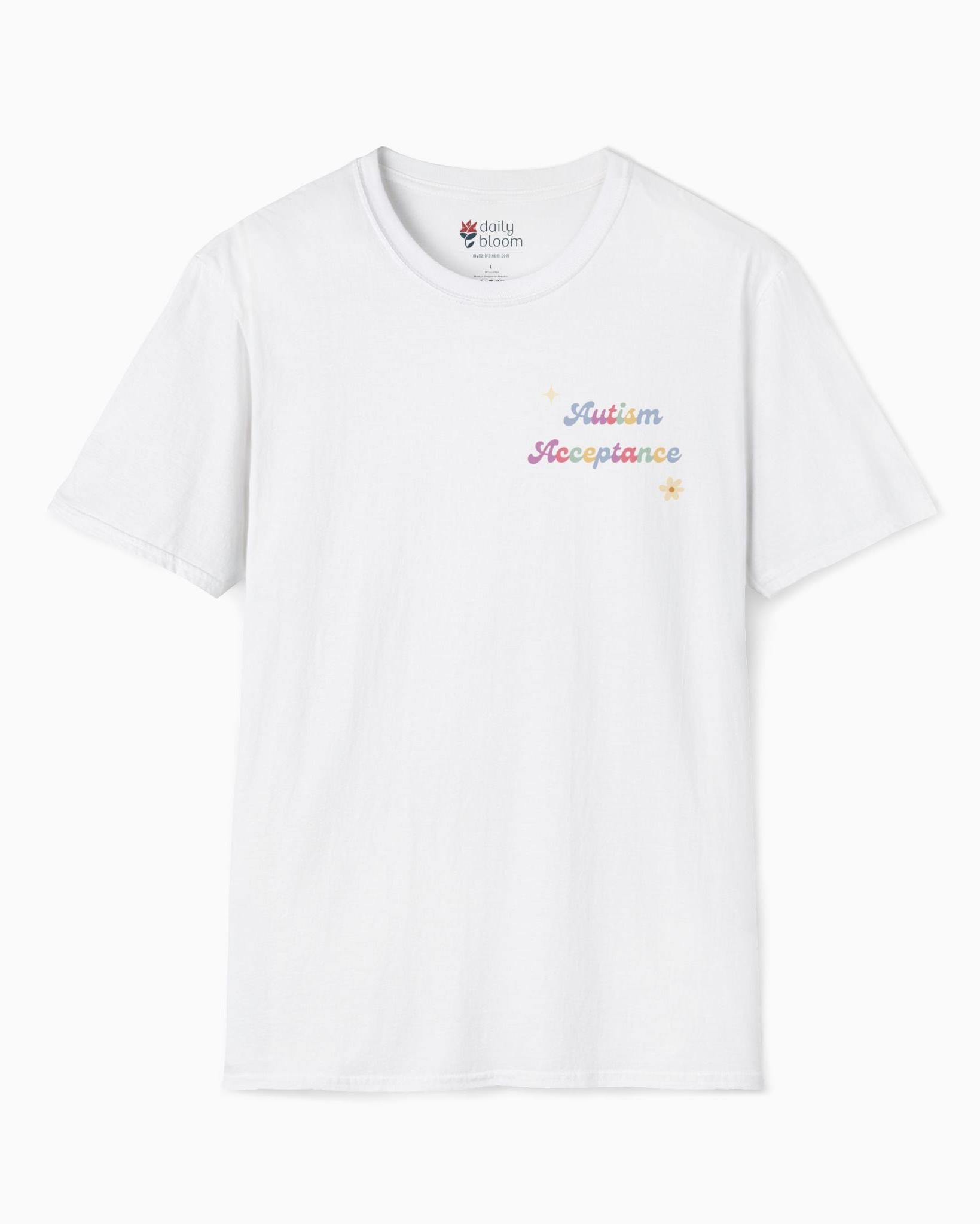 Advocate Support Empower Include Tee w/ Back Print-White-Neurodiversity, ADHD & Autism Awareness & Acceptance T-Shirt by Daily Bloom