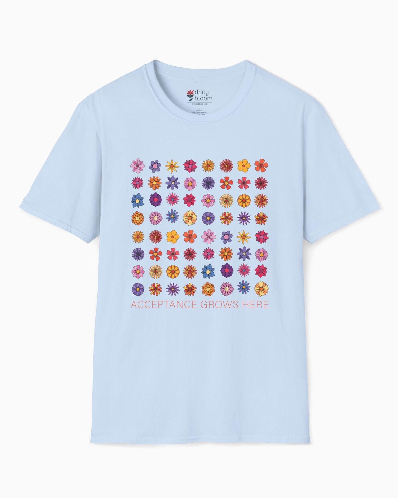 Acceptance Grows Here Flowers Tee-Light Blue-Neurodiversity, ADHD & Autism Awareness & Acceptance T-Shirt by Daily Bloom