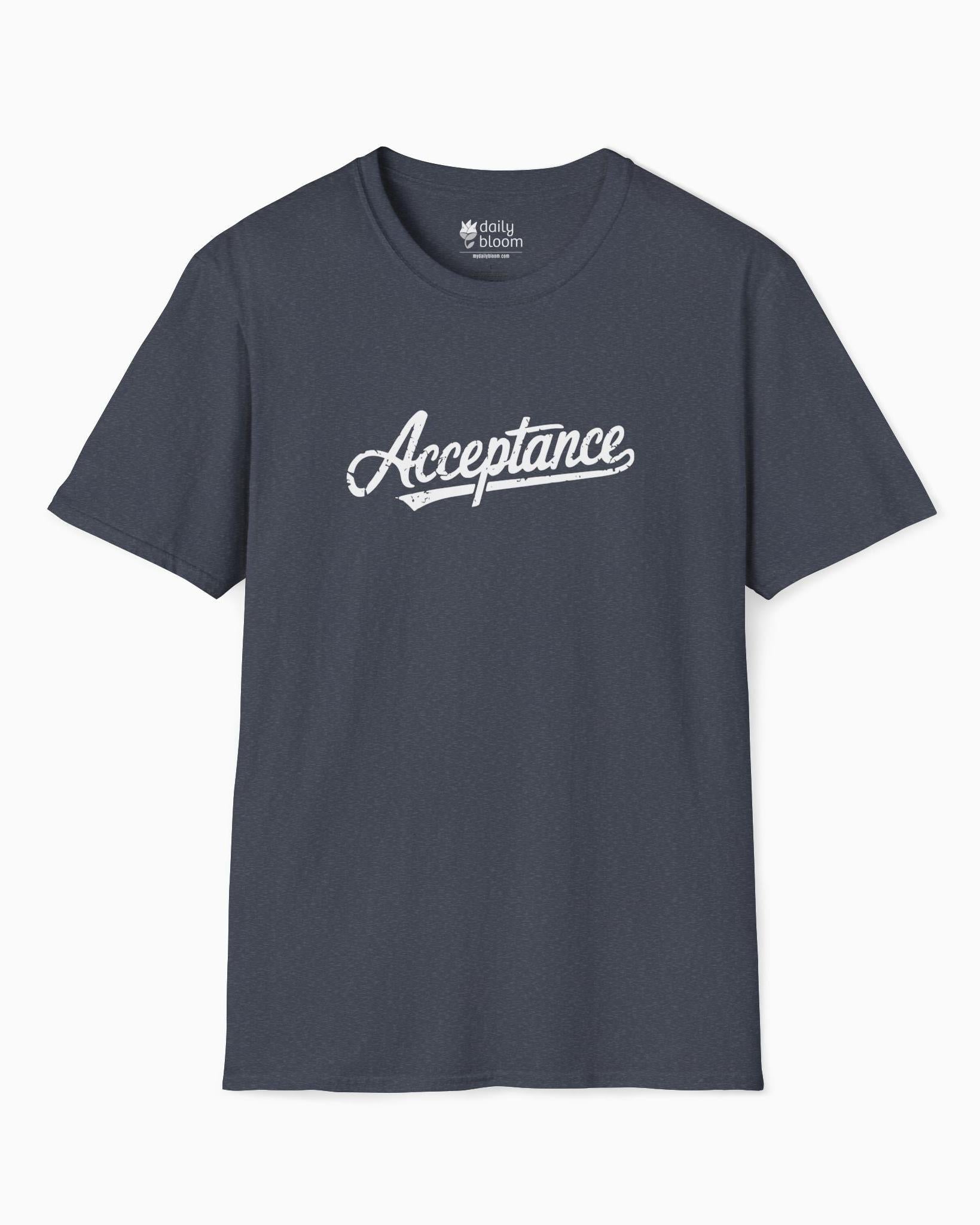 Acceptance Grunge Script Tee-Heather Navy-Neurodiversity, ADHD & Autism Awareness & Acceptance T-Shirt by Daily Bloom