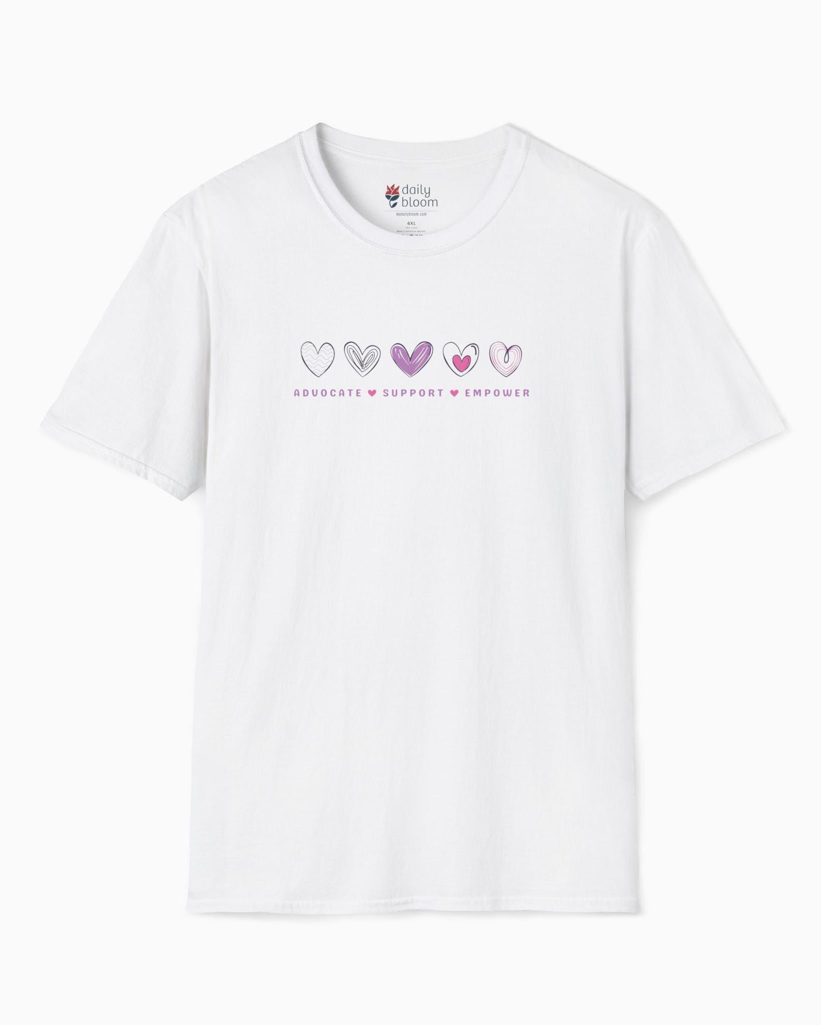 Advocate Support Empower Love Hearts Tee-White-Neurodiversity, ADHD & Autism Awareness & Acceptance T-Shirt by Daily Bloom