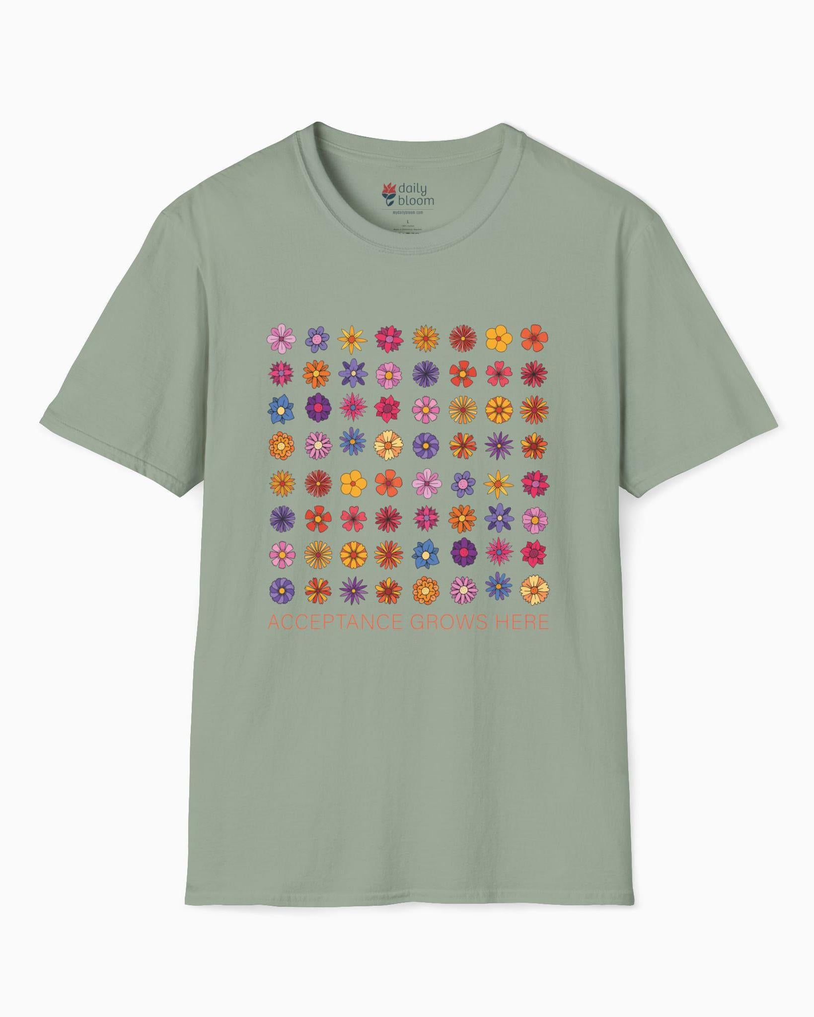 Acceptance Grows Here Flowers Tee-Sage-Neurodiversity, ADHD & Autism Awareness & Acceptance T-Shirt by Daily Bloom