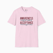 Awareness Informs Acceptance Transforms Tee-Light Pink-Neurodiversity, ADHD & Autism Awareness & Acceptance T-Shirt by Daily Bloom