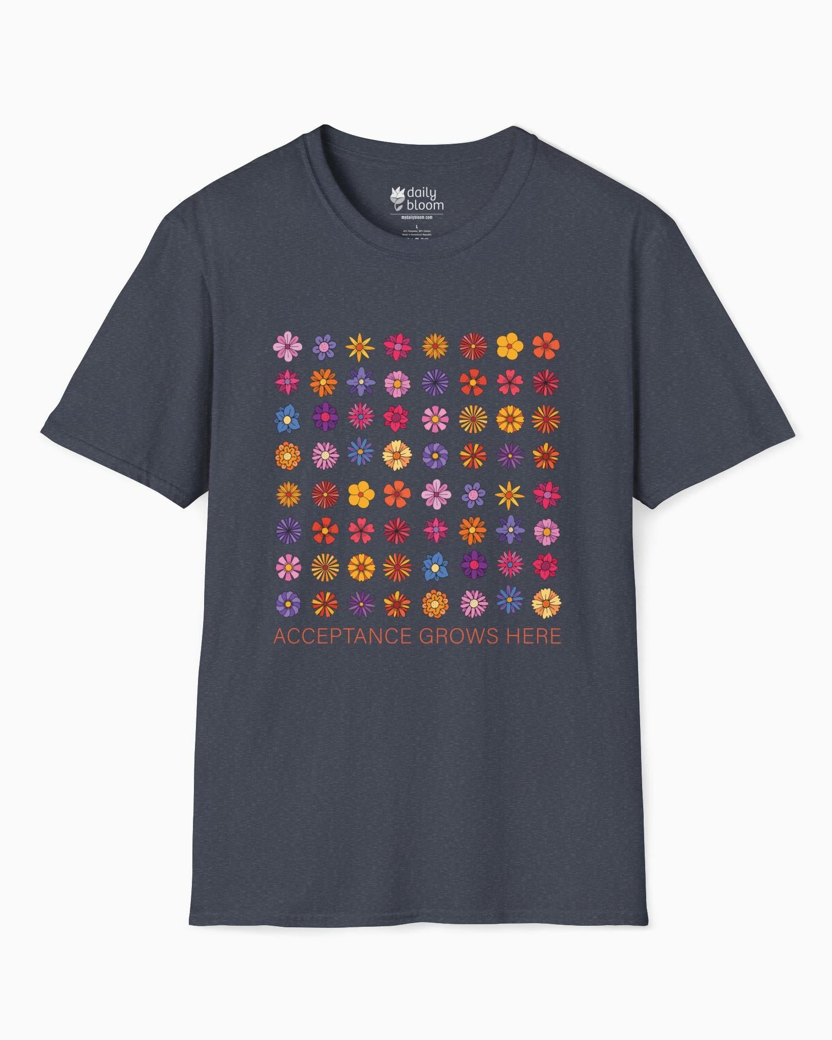 Acceptance Grows Here Flowers Tee-Heather Navy-Neurodiversity, ADHD & Autism Awareness & Acceptance T-Shirt by Daily Bloom