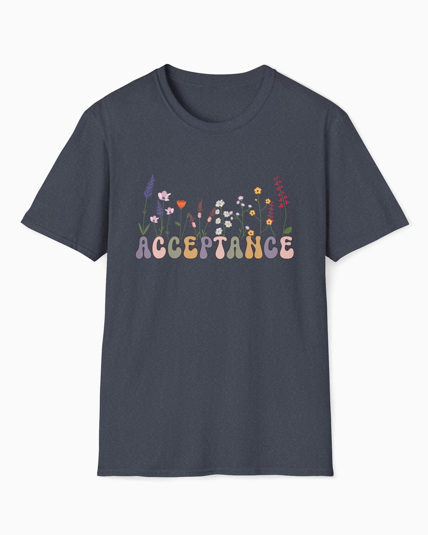 Acceptance Wildflowers Tee-Heather Navy-Neurodiversity, ADHD & Autism Awareness & Acceptance T-Shirt by Daily Bloom
