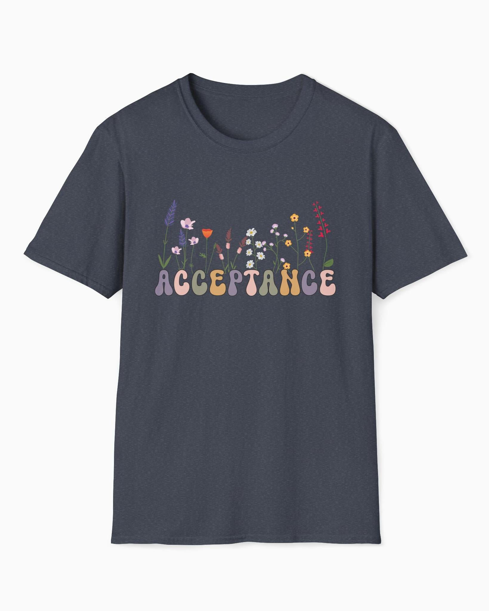 Acceptance Wildflowers Tee-Heather Navy-Neurodiversity, ADHD & Autism Awareness & Acceptance T-Shirt by Daily Bloom