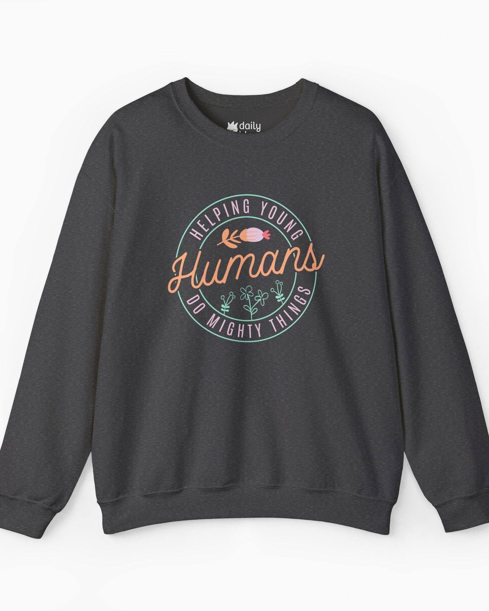 Helping Young Humans Do Mighty Things Sweatshirt-Dark Heather-Neurodiversity, ADHD & Autism Awareness & Acceptance Sweatshirt by Daily Bloom