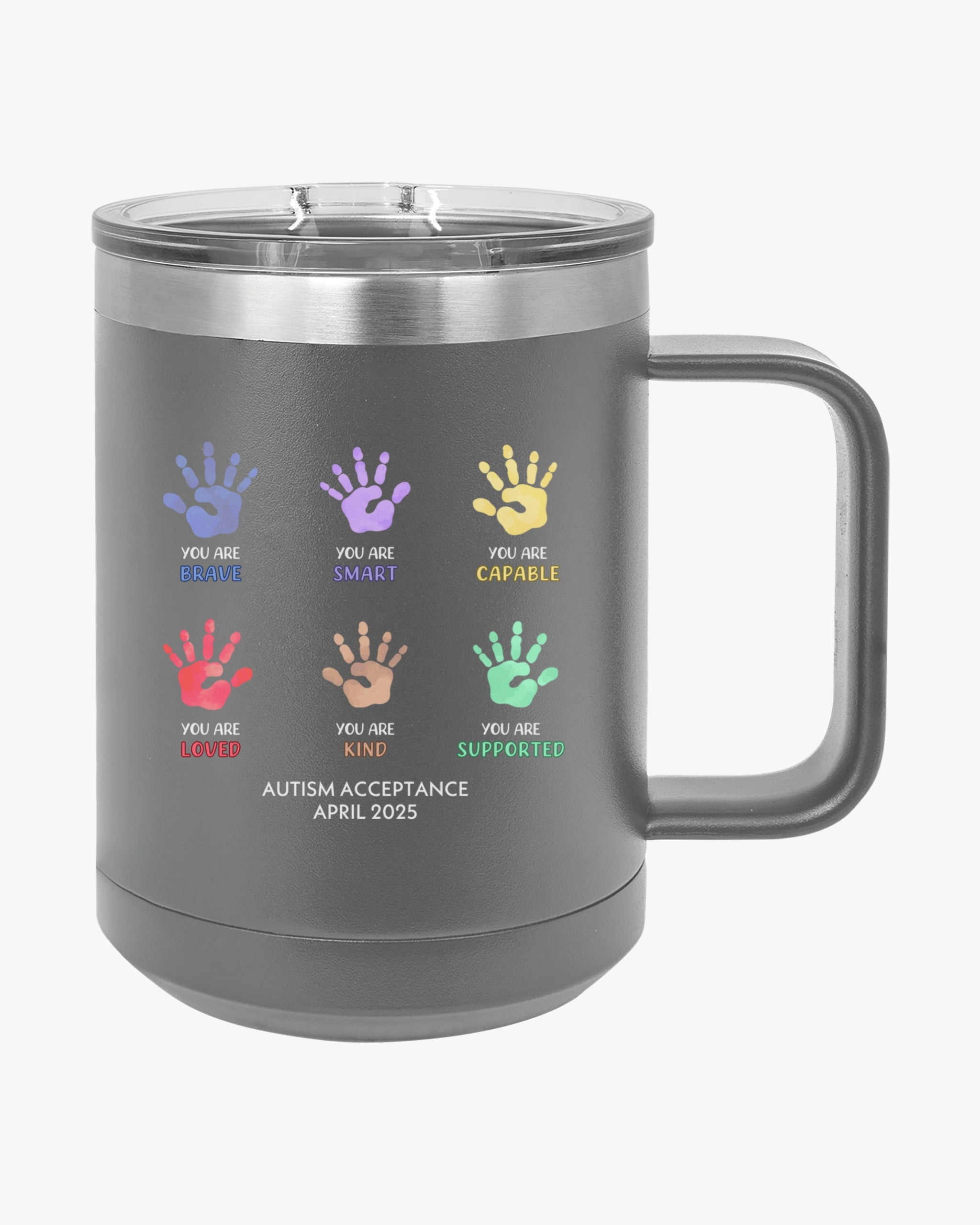 Autism Awareness 2025 - Affirmation Handprints Coffee Mug Tumbler