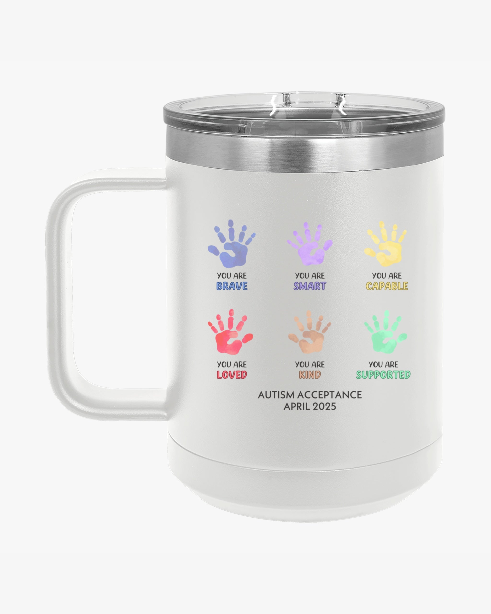 Autism Awareness 2025 - Affirmation Handprints Coffee Mug Tumbler