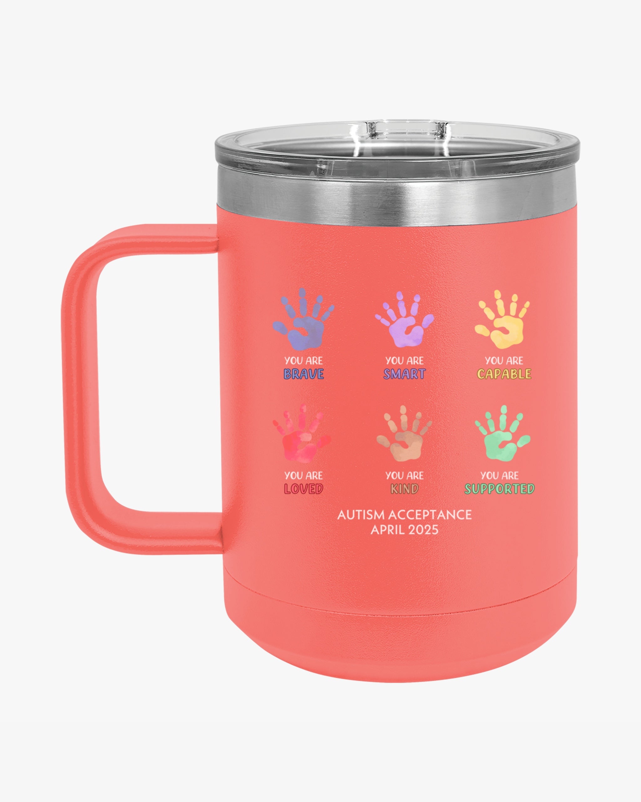 Autism Awareness 2025 - Affirmation Handprints Coffee Mug Tumbler