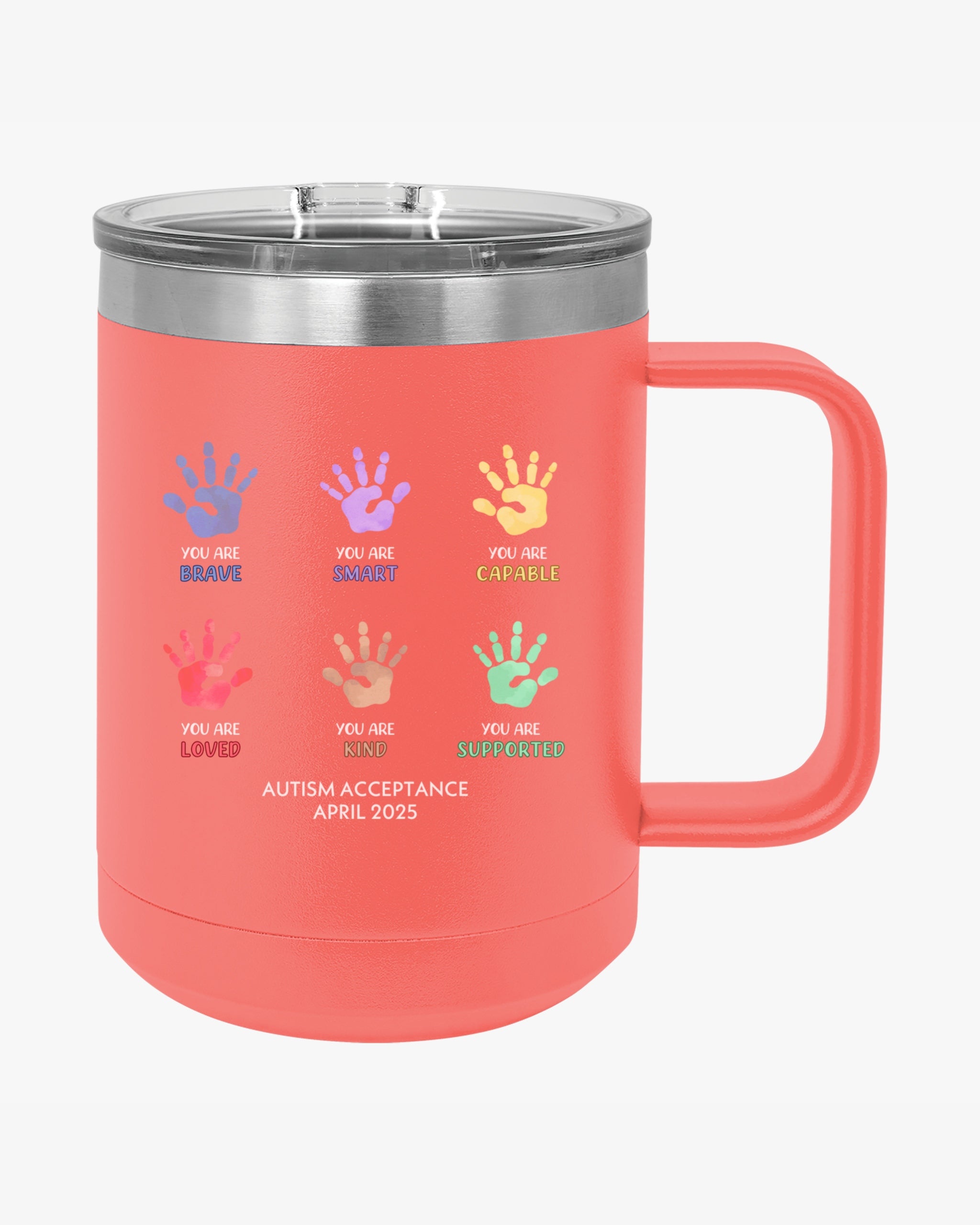 Autism Awareness 2025 - Affirmation Handprints Coffee Mug Tumbler