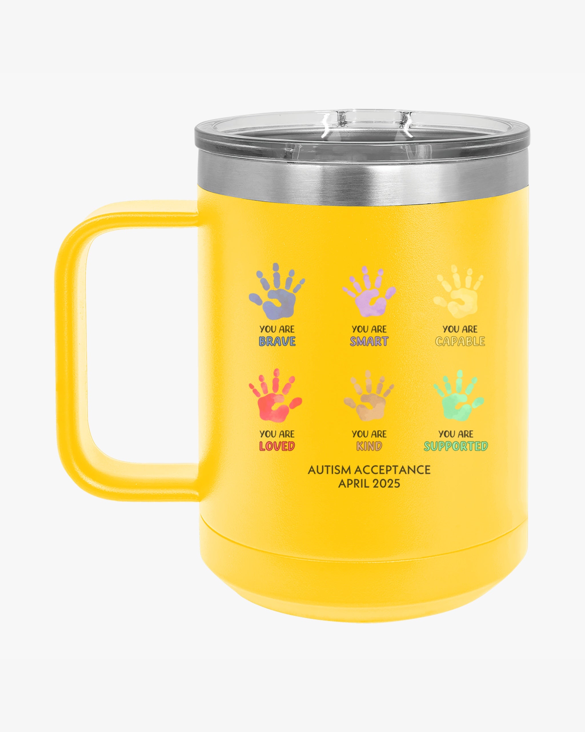 Autism Awareness 2025 - Affirmation Handprints Coffee Mug Tumbler