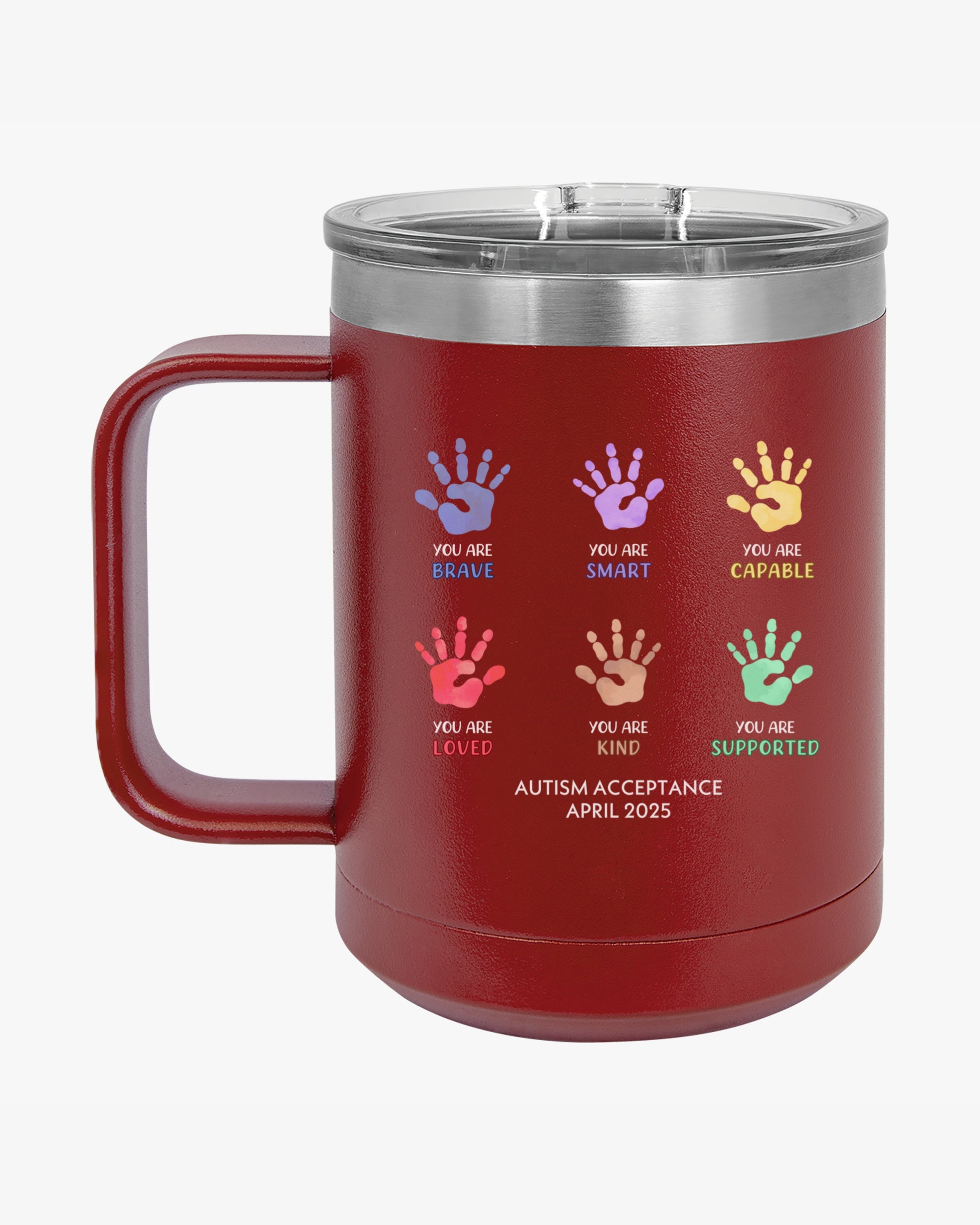 Autism Awareness 2025 - Affirmation Handprints Coffee Mug Tumbler
