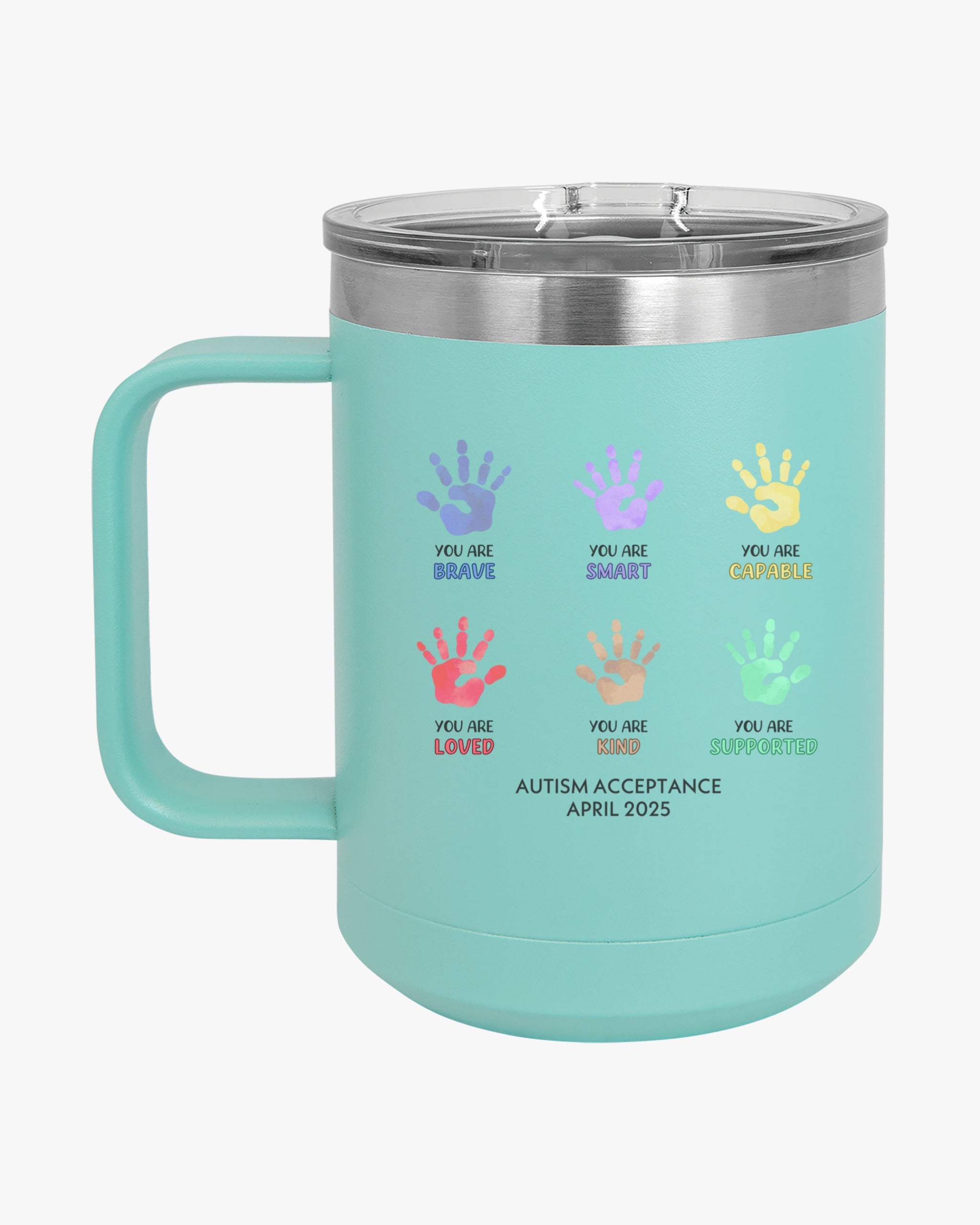 Autism Awareness 2025 - Affirmation Handprints Coffee Mug Tumbler