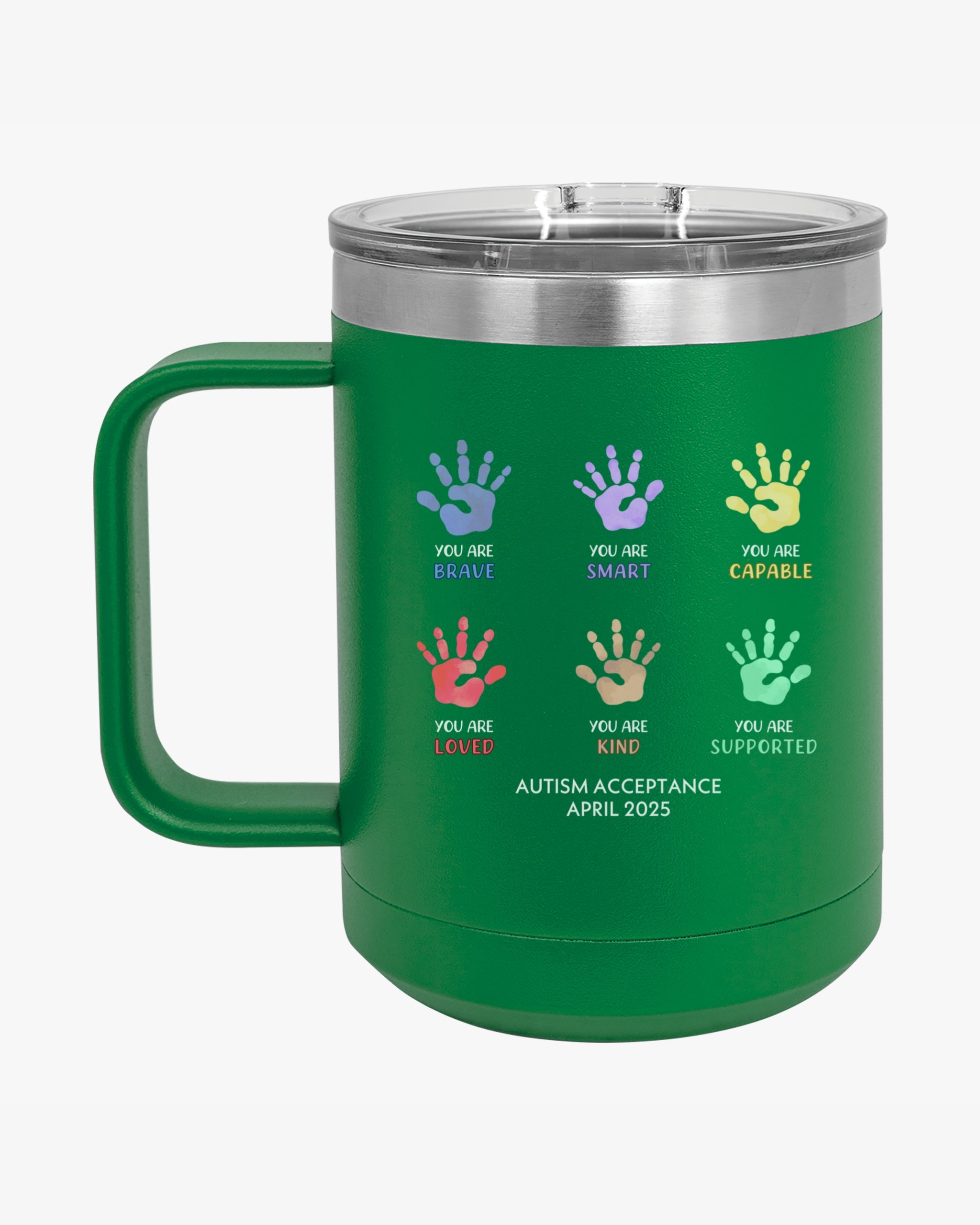 Autism Awareness 2025 - Affirmation Handprints Coffee Mug Tumbler