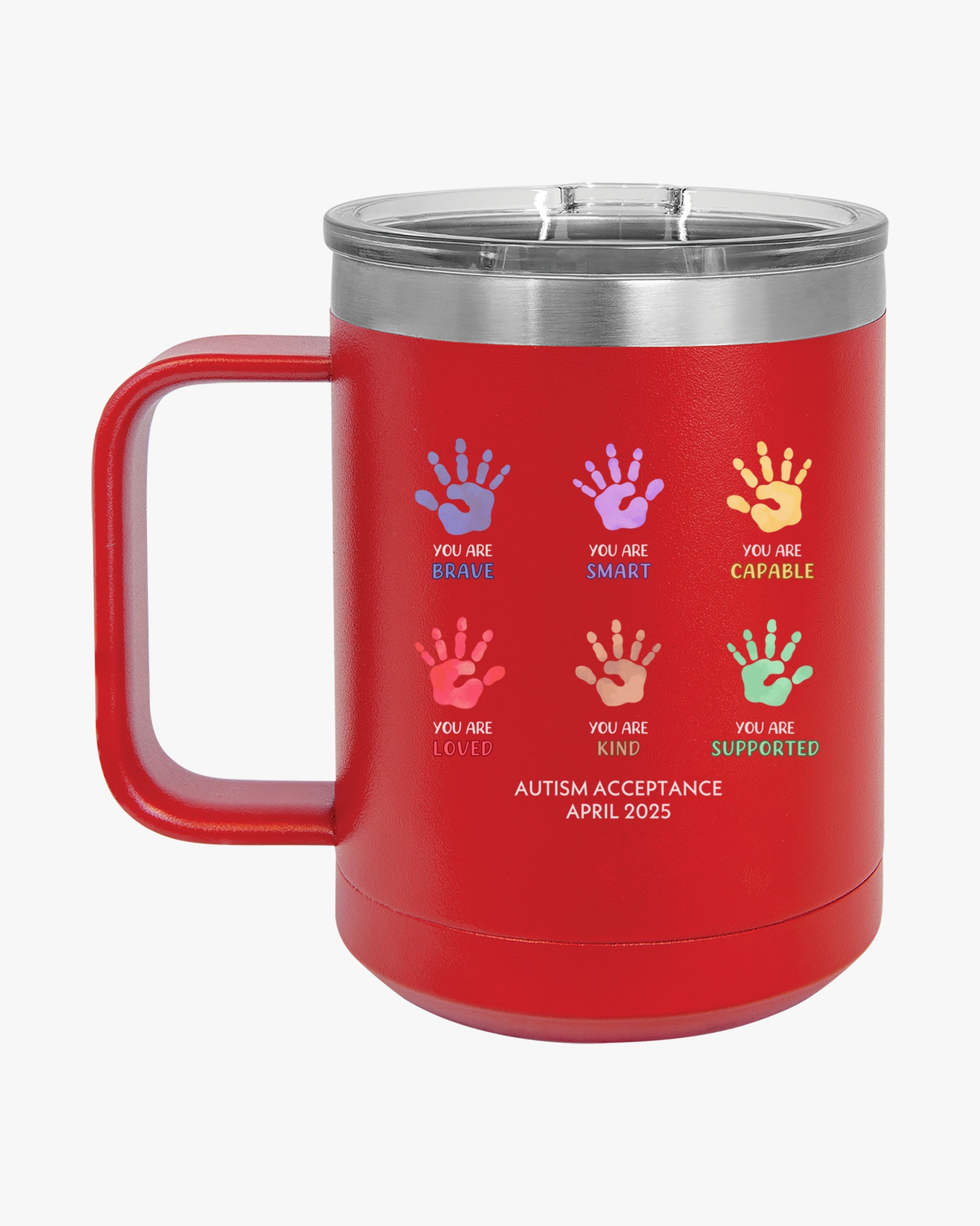 Autism Awareness 2025 - Affirmation Handprints Coffee Mug Tumbler