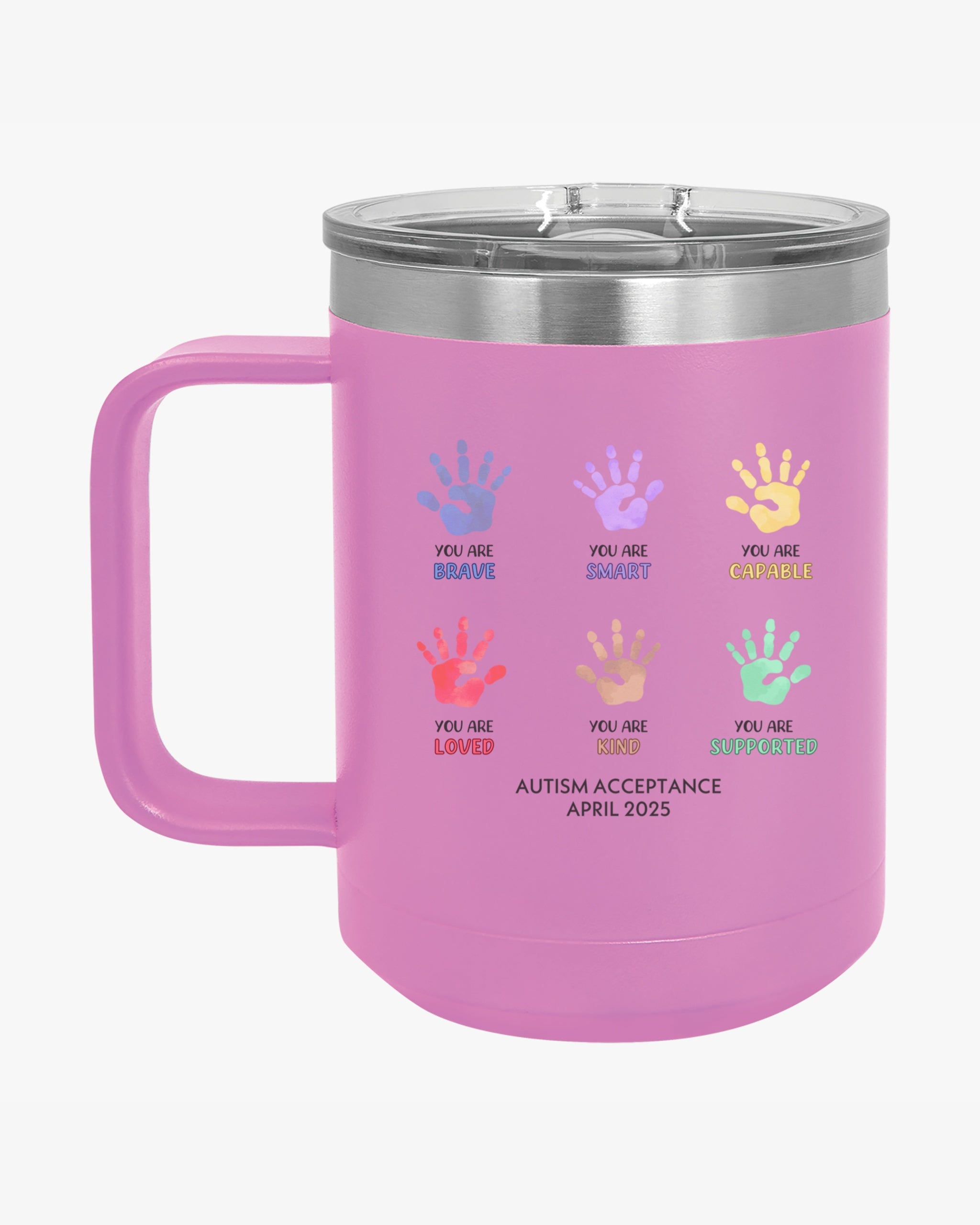 Autism Awareness 2025 - Affirmation Handprints Coffee Mug Tumbler