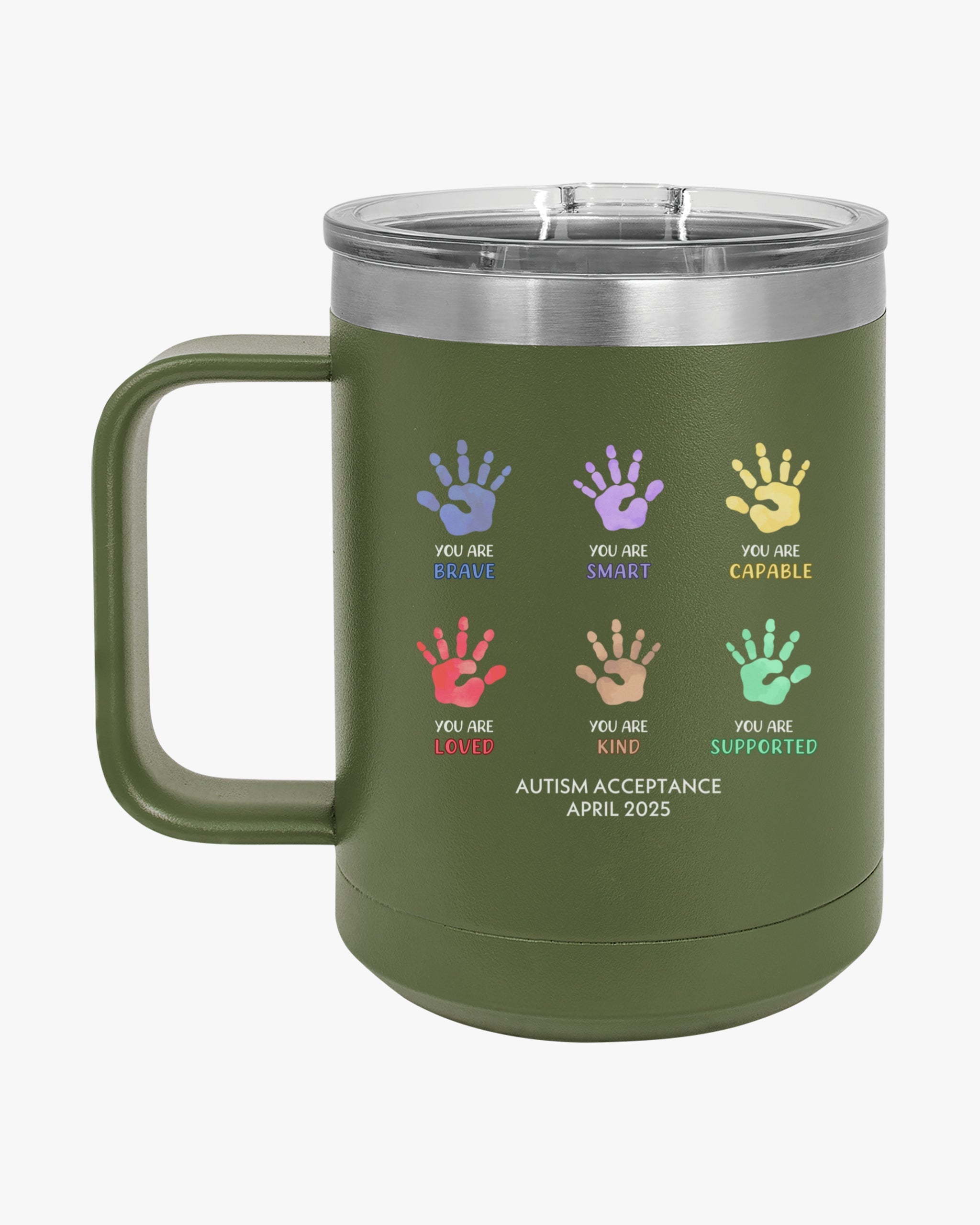 Autism Awareness 2025 - Affirmation Handprints Coffee Mug Tumbler