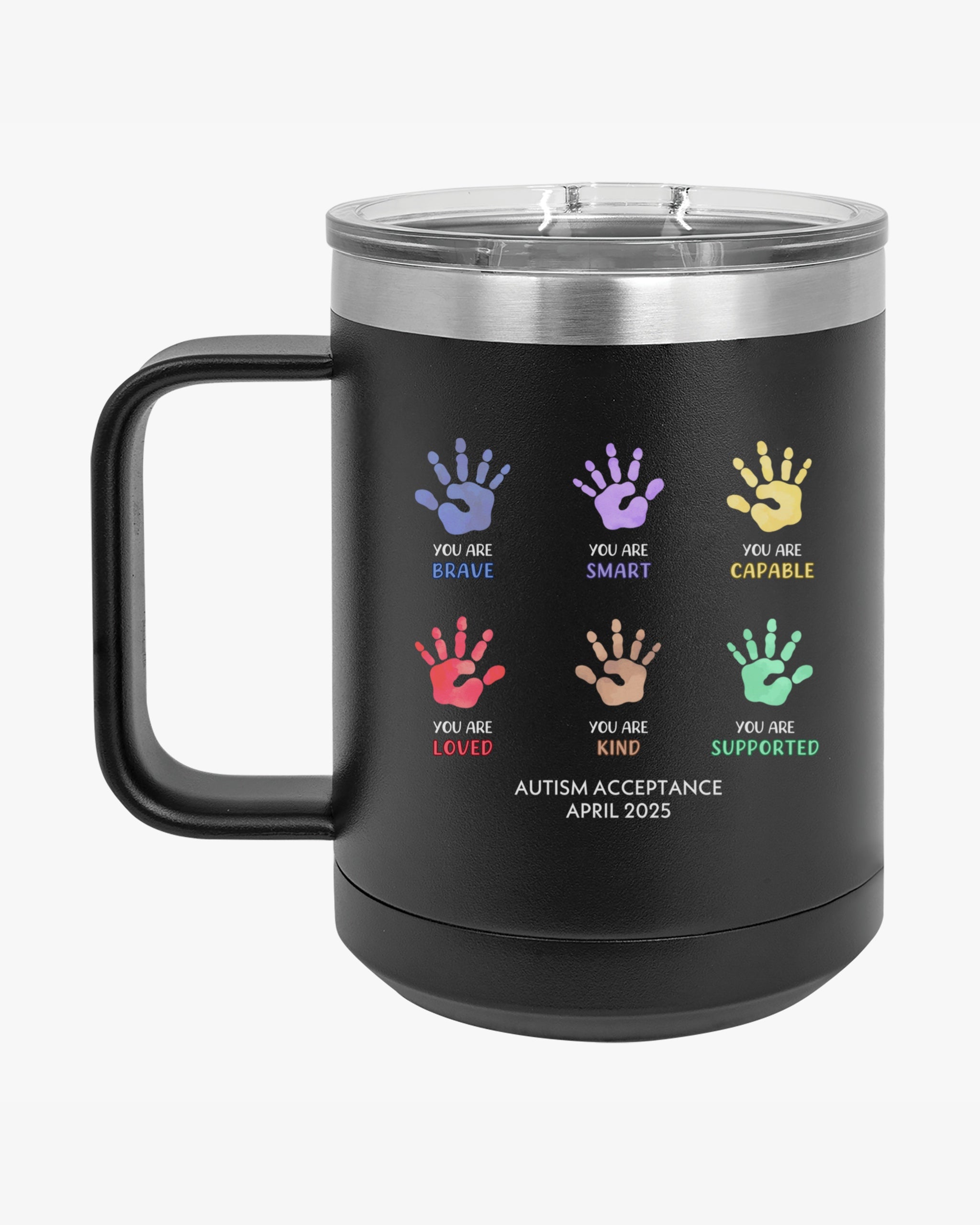 Autism Awareness 2025 - Affirmation Handprints Coffee Mug Tumbler