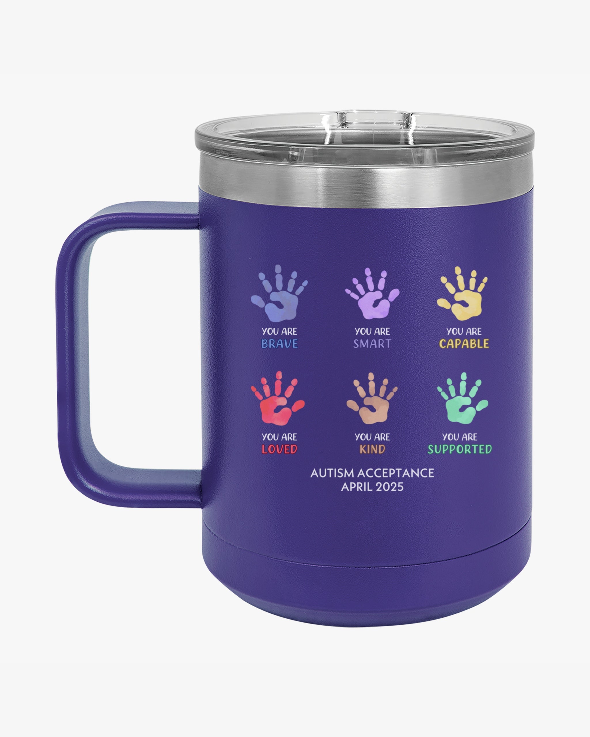 Autism Awareness 2025 - Affirmation Handprints Coffee Mug Tumbler