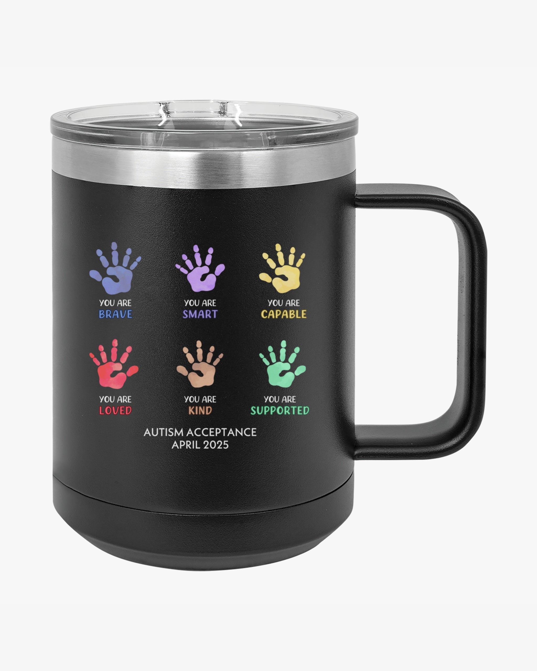 Autism Awareness 2025 - Affirmation Handprints Coffee Mug Tumbler