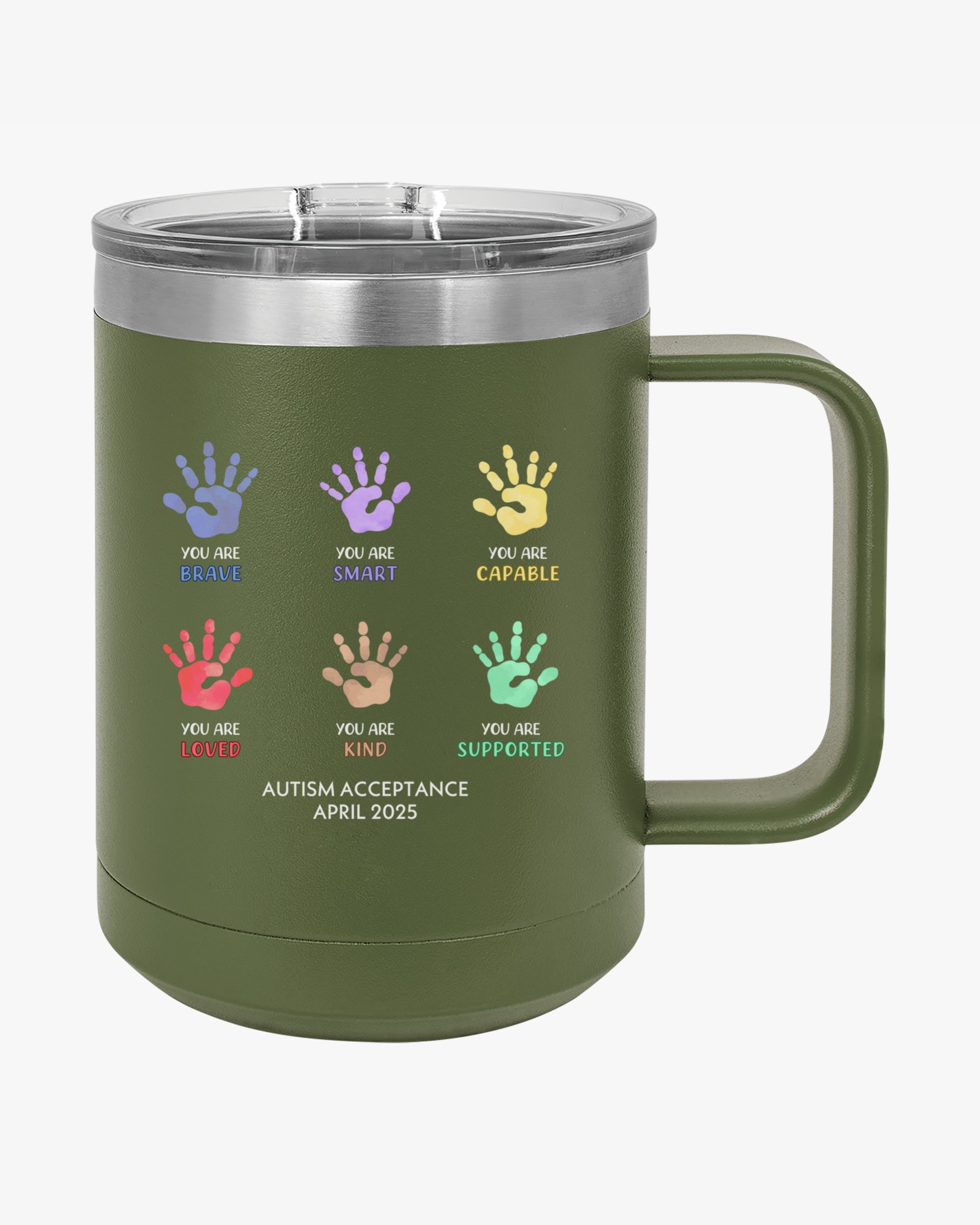 Autism Awareness 2025 - Affirmation Handprints Coffee Mug Tumbler