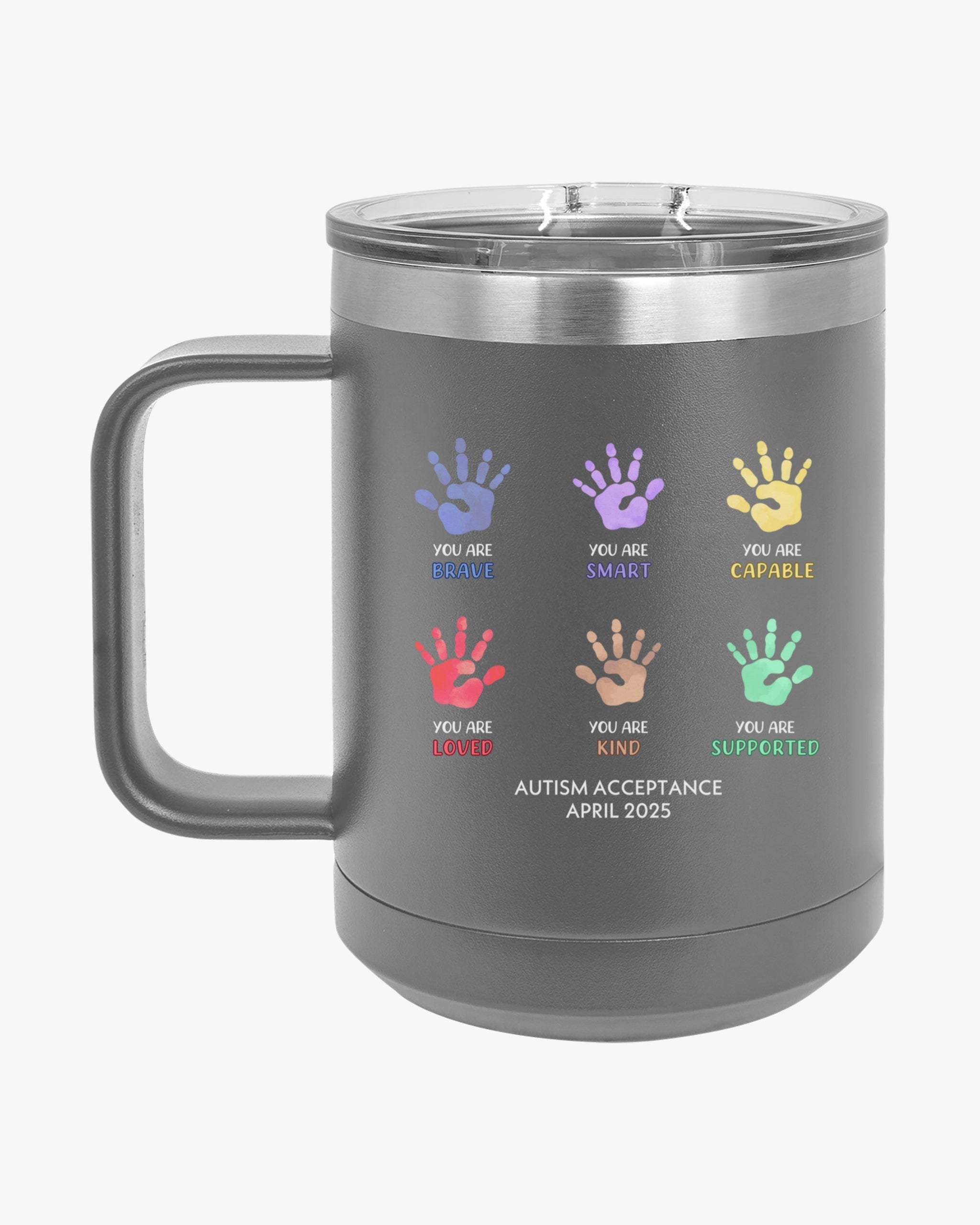Autism Awareness 2025 - Affirmation Handprints Coffee Mug Tumbler
