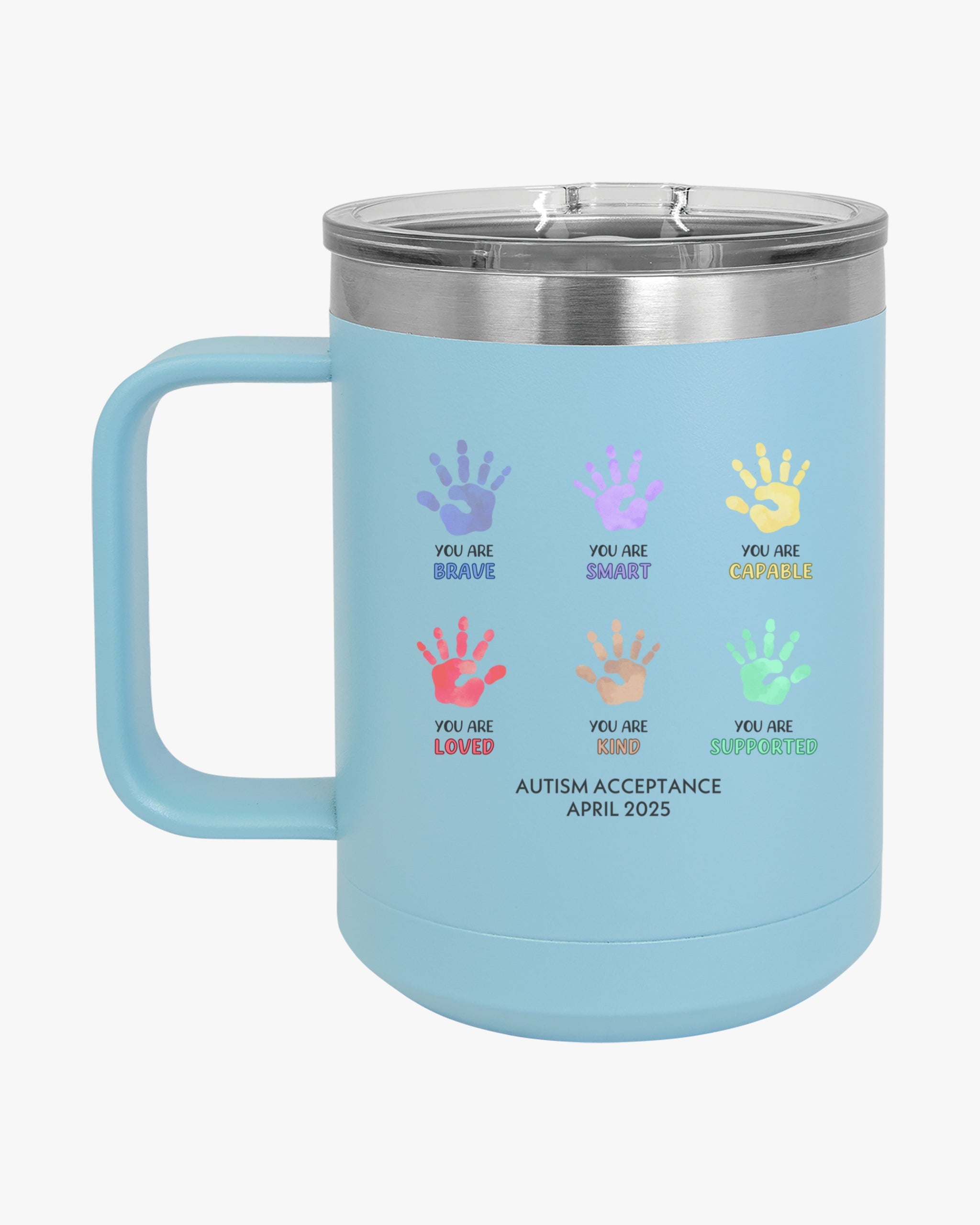 Autism Awareness 2025 - Affirmation Handprints Coffee Mug Tumbler