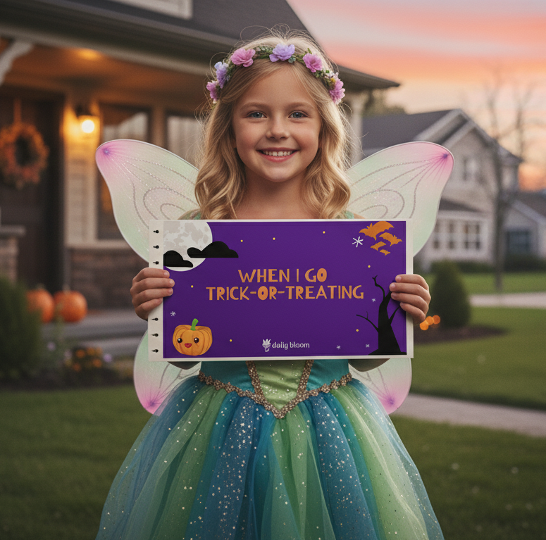 Child in Halloween costume holding a sign with a house and pumpkins in the background