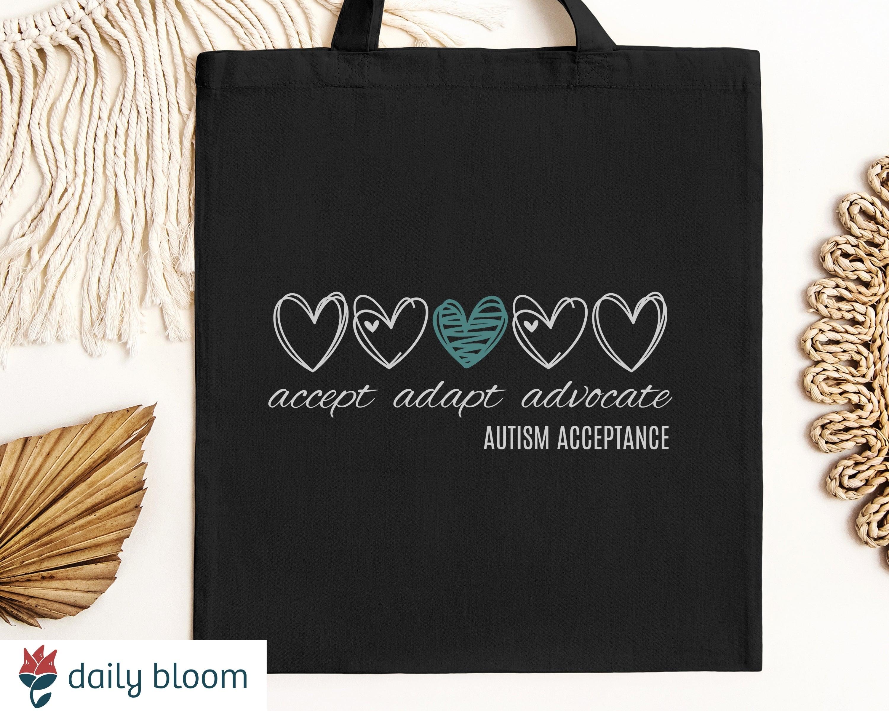 Accept Adapt Advocate Love Hearts Tote Bag-Black-Neurodiversity, ADHD & Autism Awareness & Acceptance Bags by Daily Bloom