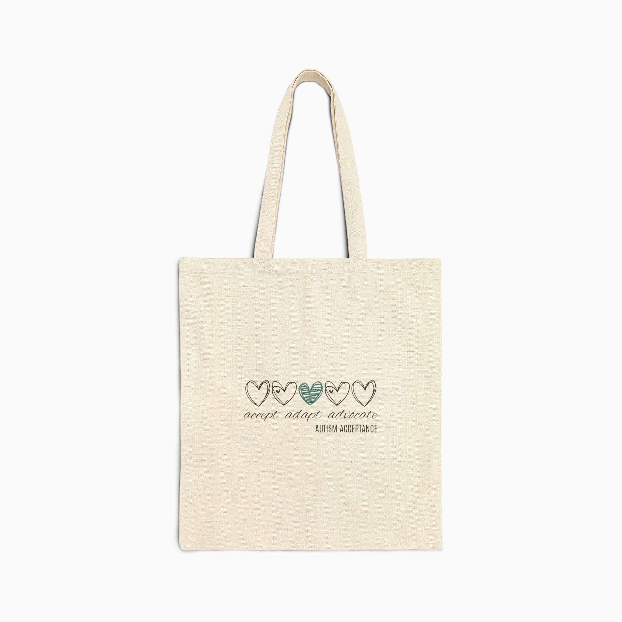 Autism Bags By Daily Bloom Accept Adapt Advocate Love Hearts Tote Bag Natural / 15" x 16"