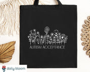 Autism Acceptance Wildflowers Tote Bag-Black-Neurodiversity, ADHD & Autism Awareness & Acceptance Bags by Daily Bloom