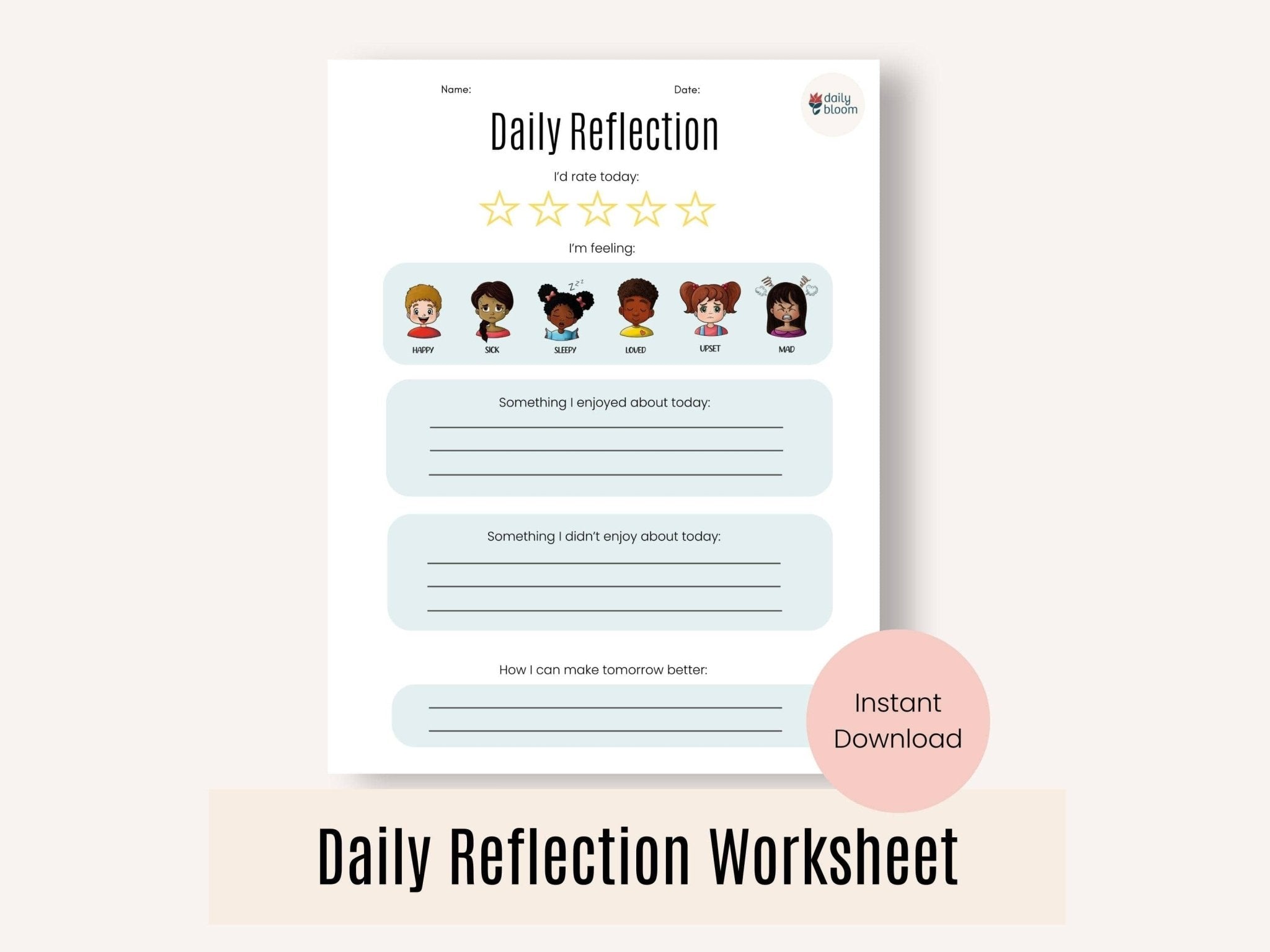 Autism Digital Download - Daily Reflection Worksheet for Kids - Daily Bloom