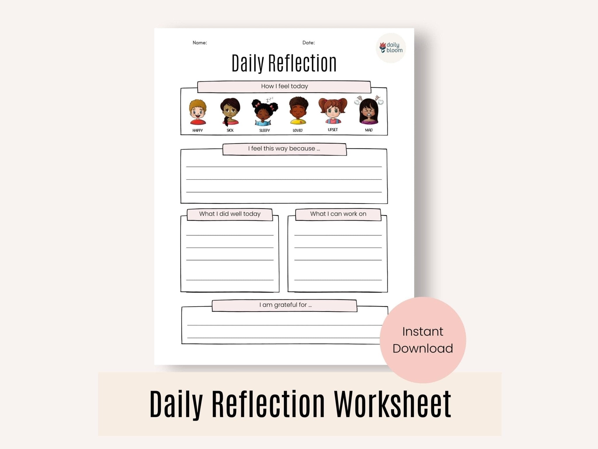 Autism Digital Download - Daily Reflection Worksheet for Kids - Daily Bloom
