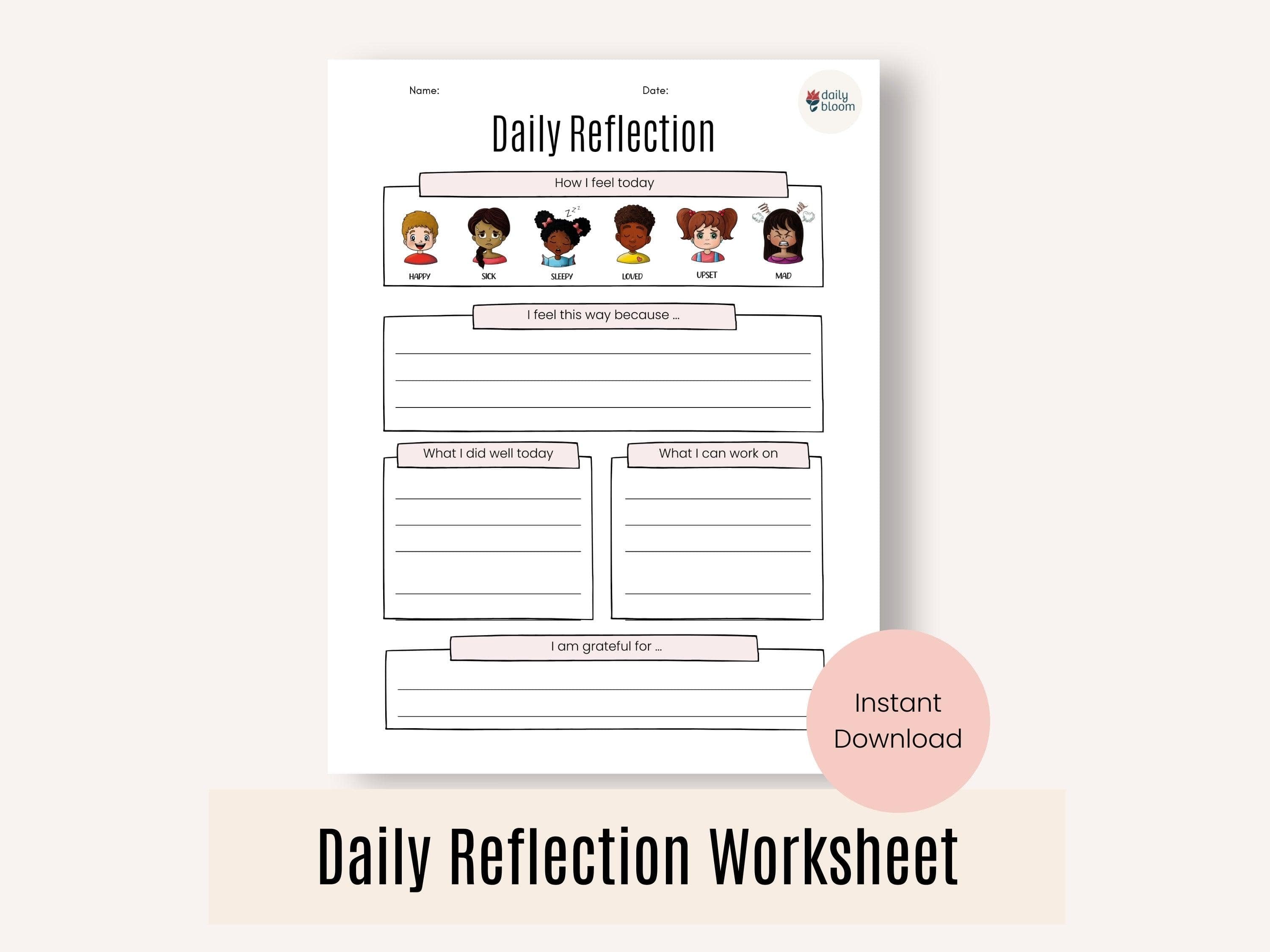 Daily Reflection Worksheet for Kids-Neurodiversity, ADHD & Autism Awareness & Acceptance Digital Download by Daily Bloom