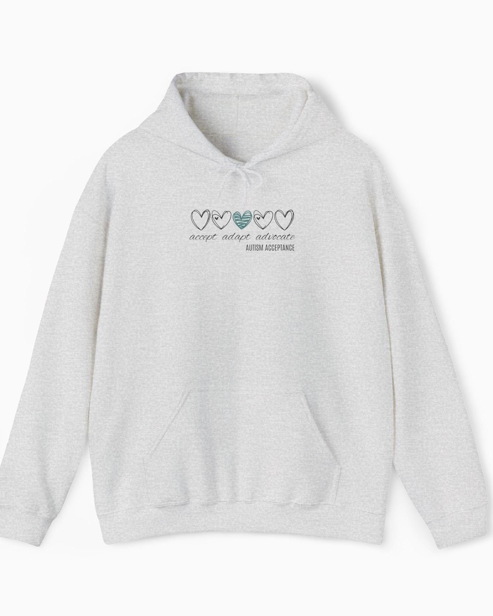 Autism Hoodie By Daily Bloom Accept Adapt Advocate Love Hearts Hoodie Ash / S