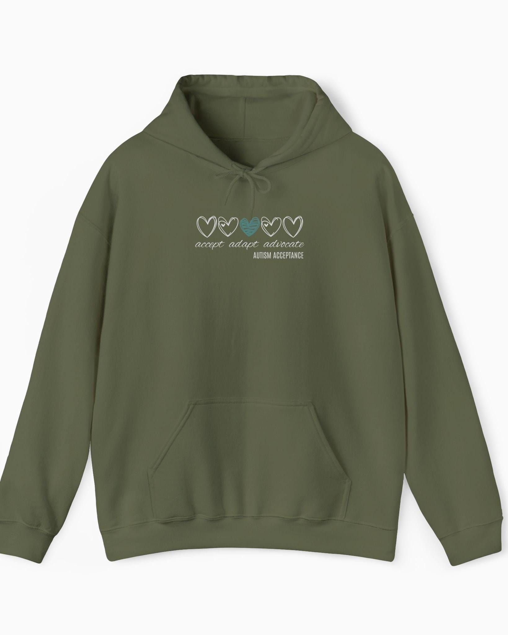 Autism Hoodie By Daily Bloom Accept Adapt Advocate Love Hearts Hoodie Military Green / S