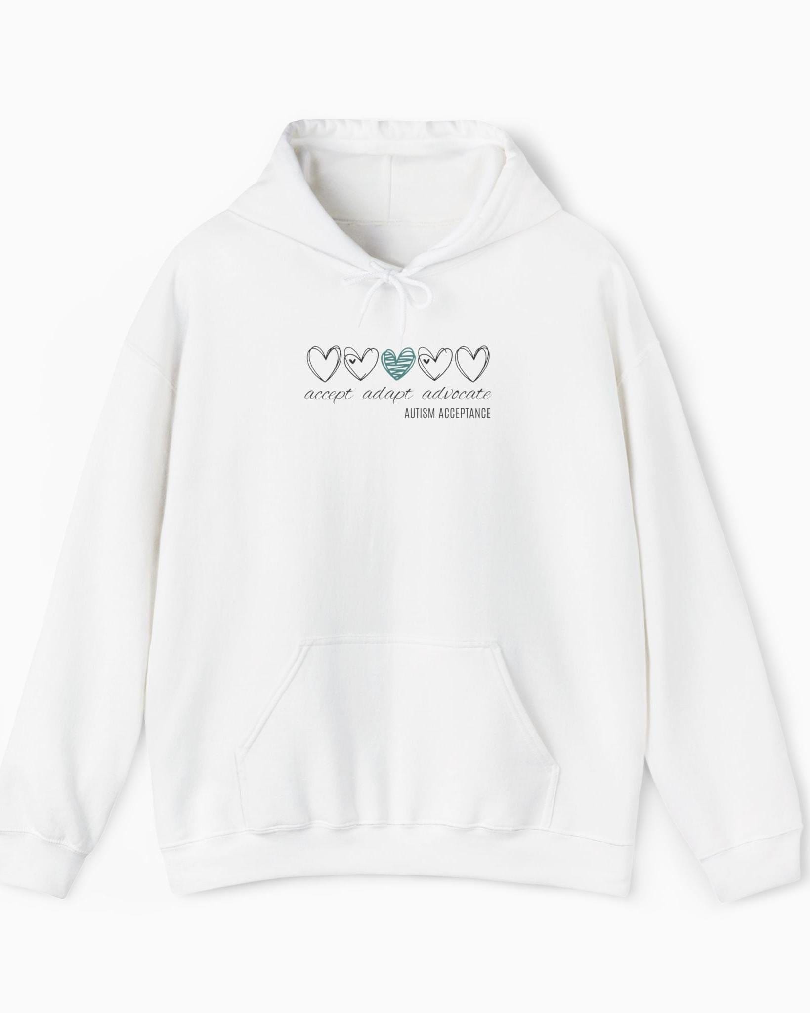 Autism Hoodie By Daily Bloom Accept Adapt Advocate Love Hearts Hoodie White / S