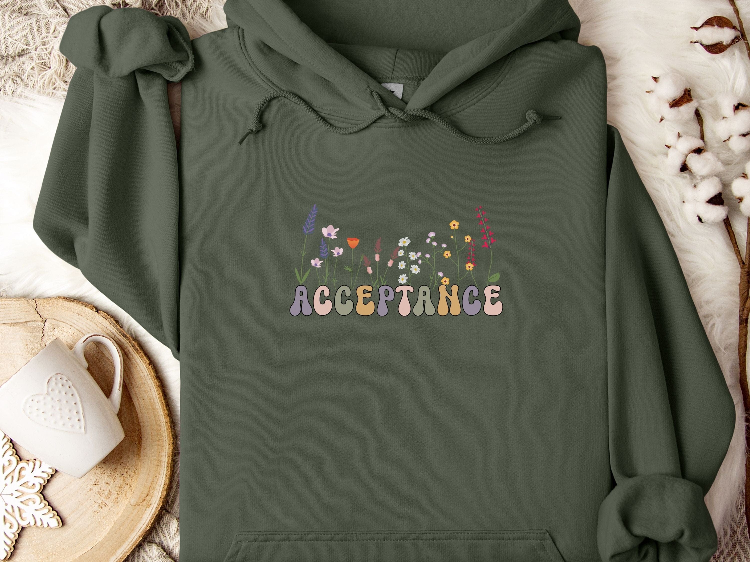 Acceptance Wildflowers Hoodie-Military Green-Neurodiversity, ADHD & Autism Awareness & Acceptance Hoodie by Daily Bloom