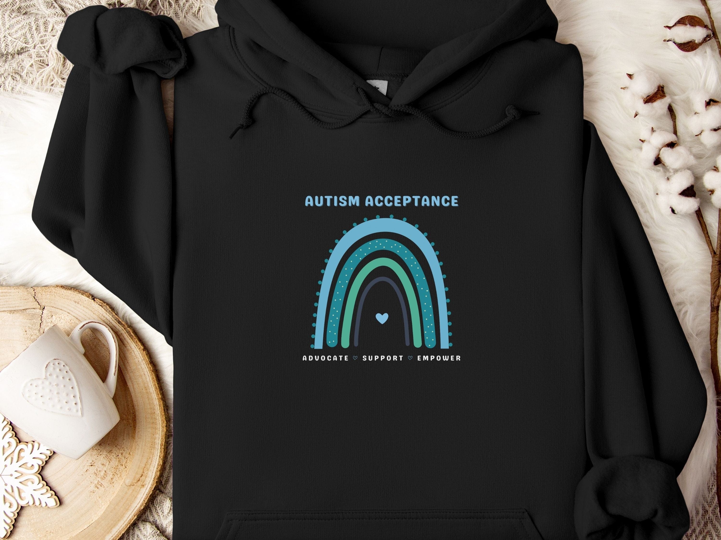 Advocate Support Empower Autism Acceptance Rainbow Hoodie-Black-Neurodiversity, ADHD & Autism Awareness & Acceptance Hoodie by Daily Bloom