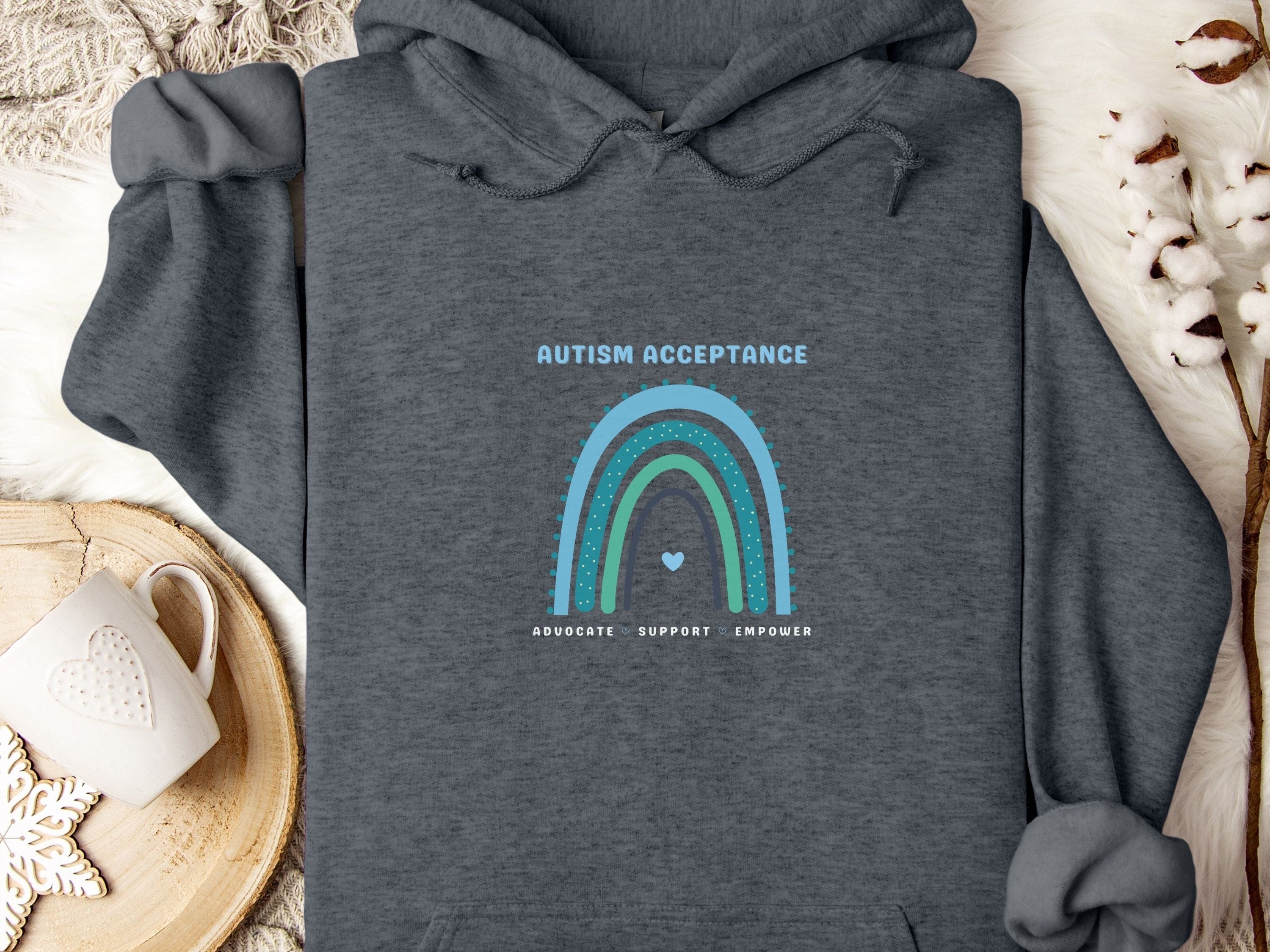 Advocate Support Empower Autism Acceptance Rainbow Hoodie-Dark Heather-Neurodiversity, ADHD & Autism Awareness & Acceptance Hoodie by Daily Bloom