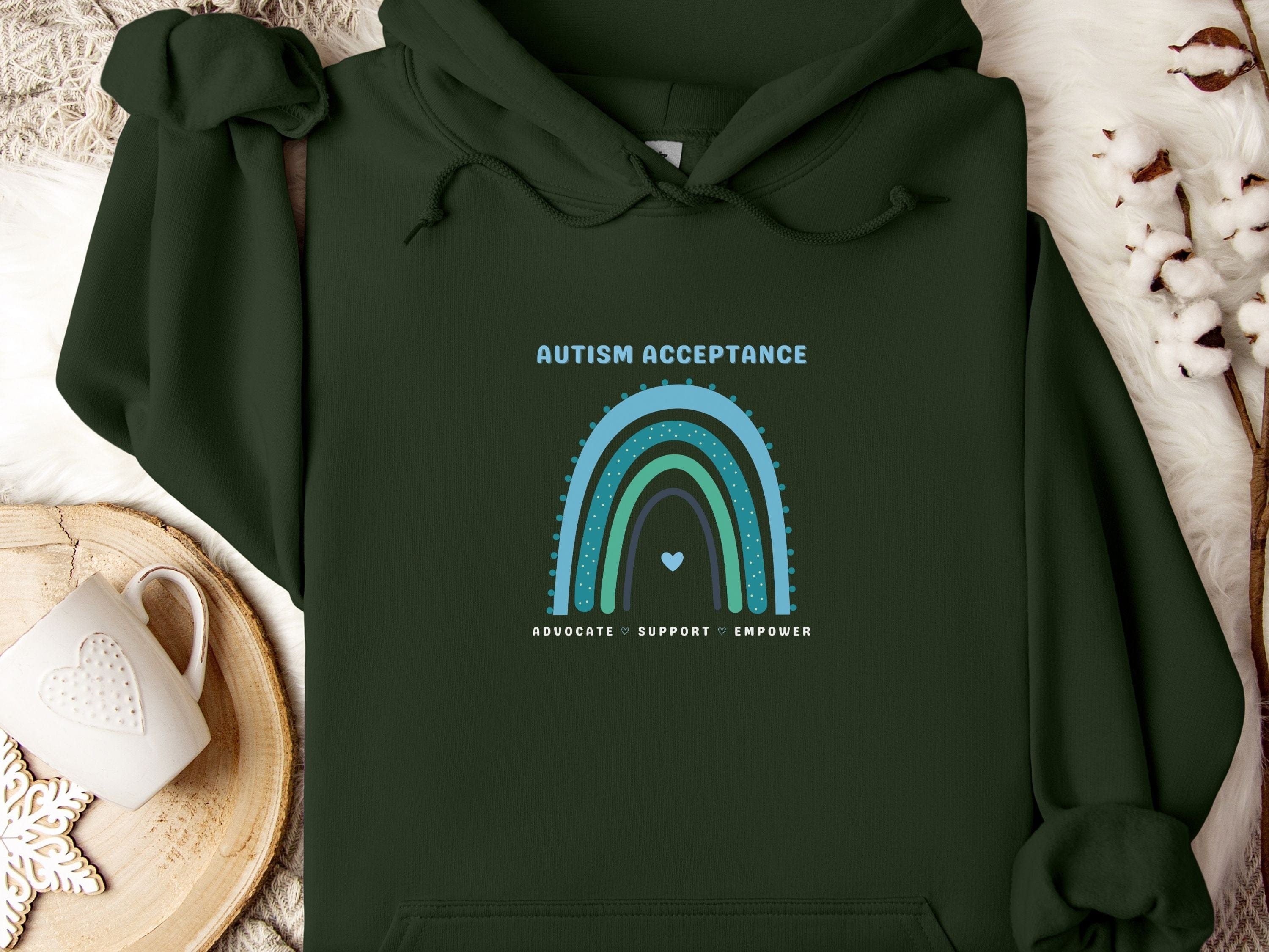 Advocate Support Empower Autism Acceptance Rainbow Hoodie-Forest Green-Neurodiversity, ADHD & Autism Awareness & Acceptance Hoodie by Daily Bloom