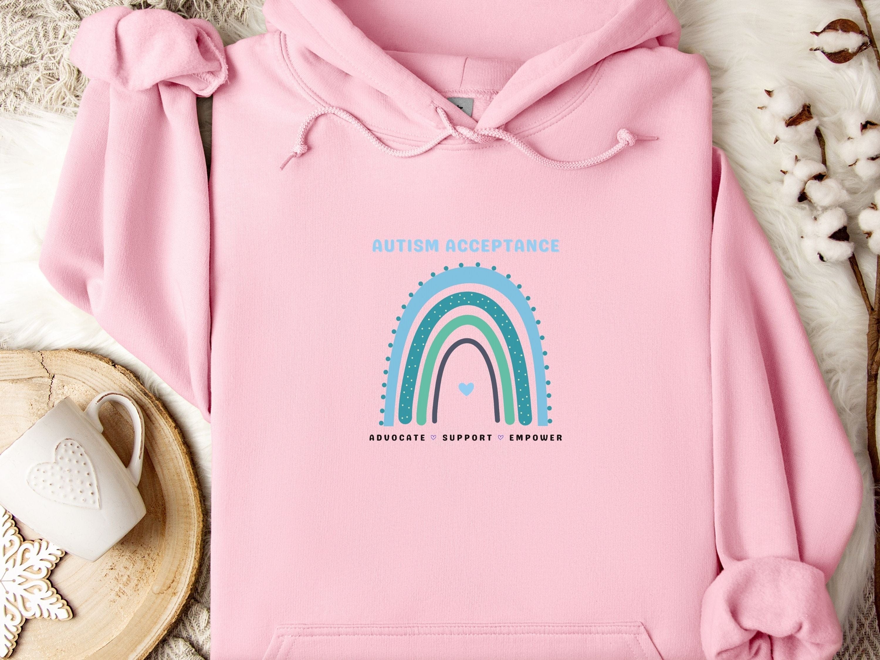 Advocate Support Empower Autism Acceptance Rainbow Hoodie-Light Pink-Neurodiversity, ADHD & Autism Awareness & Acceptance Hoodie by Daily Bloom