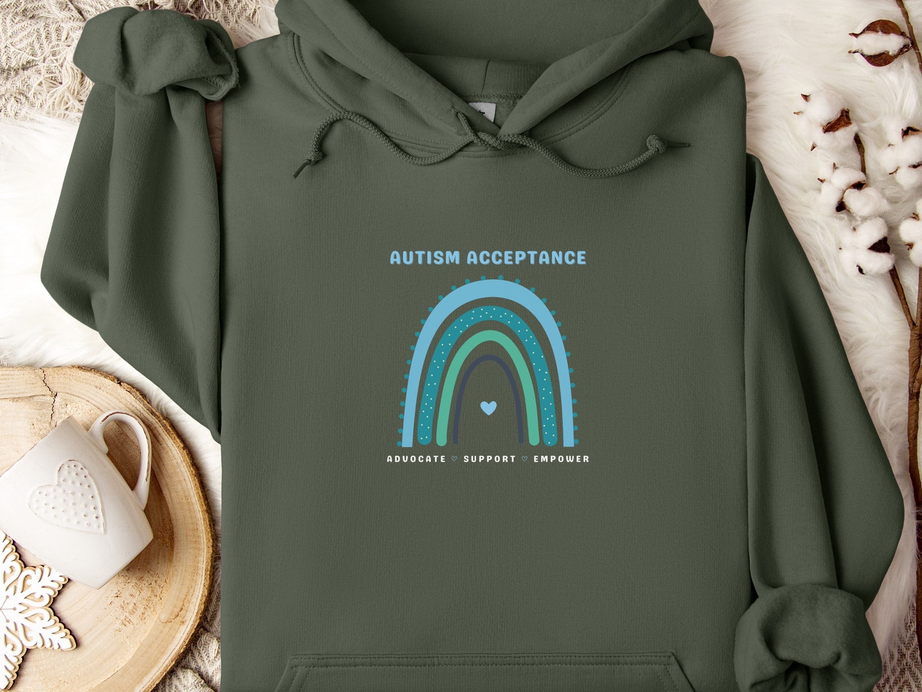 Advocate Support Empower Autism Acceptance Rainbow Hoodie-Military Green-Neurodiversity, ADHD & Autism Awareness & Acceptance Hoodie by Daily Bloom