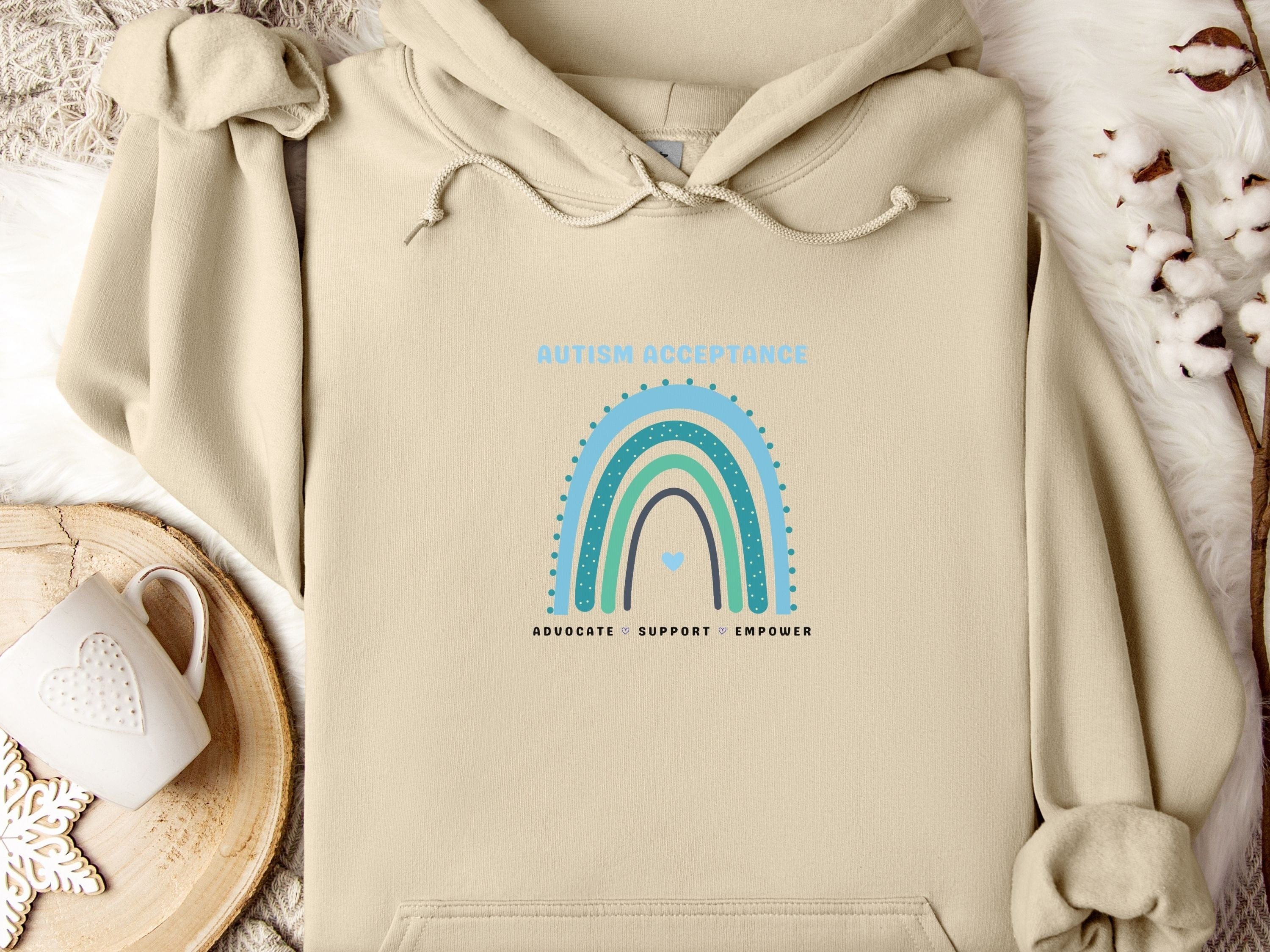 Advocate Support Empower Autism Acceptance Rainbow Hoodie-Sand-Neurodiversity, ADHD & Autism Awareness & Acceptance Hoodie by Daily Bloom