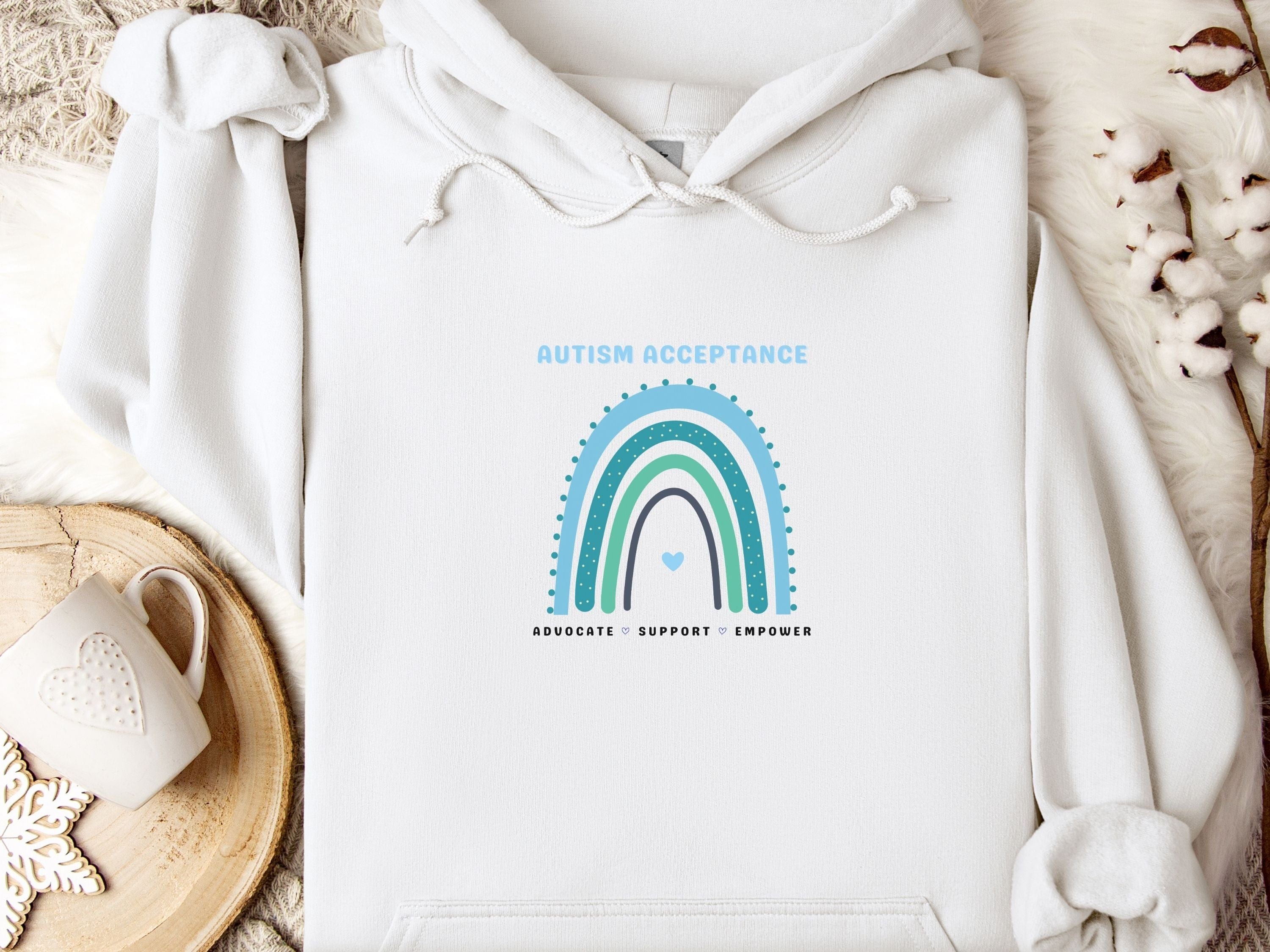 Advocate Support Empower Autism Acceptance Rainbow Hoodie-White-Neurodiversity, ADHD & Autism Awareness & Acceptance Hoodie by Daily Bloom