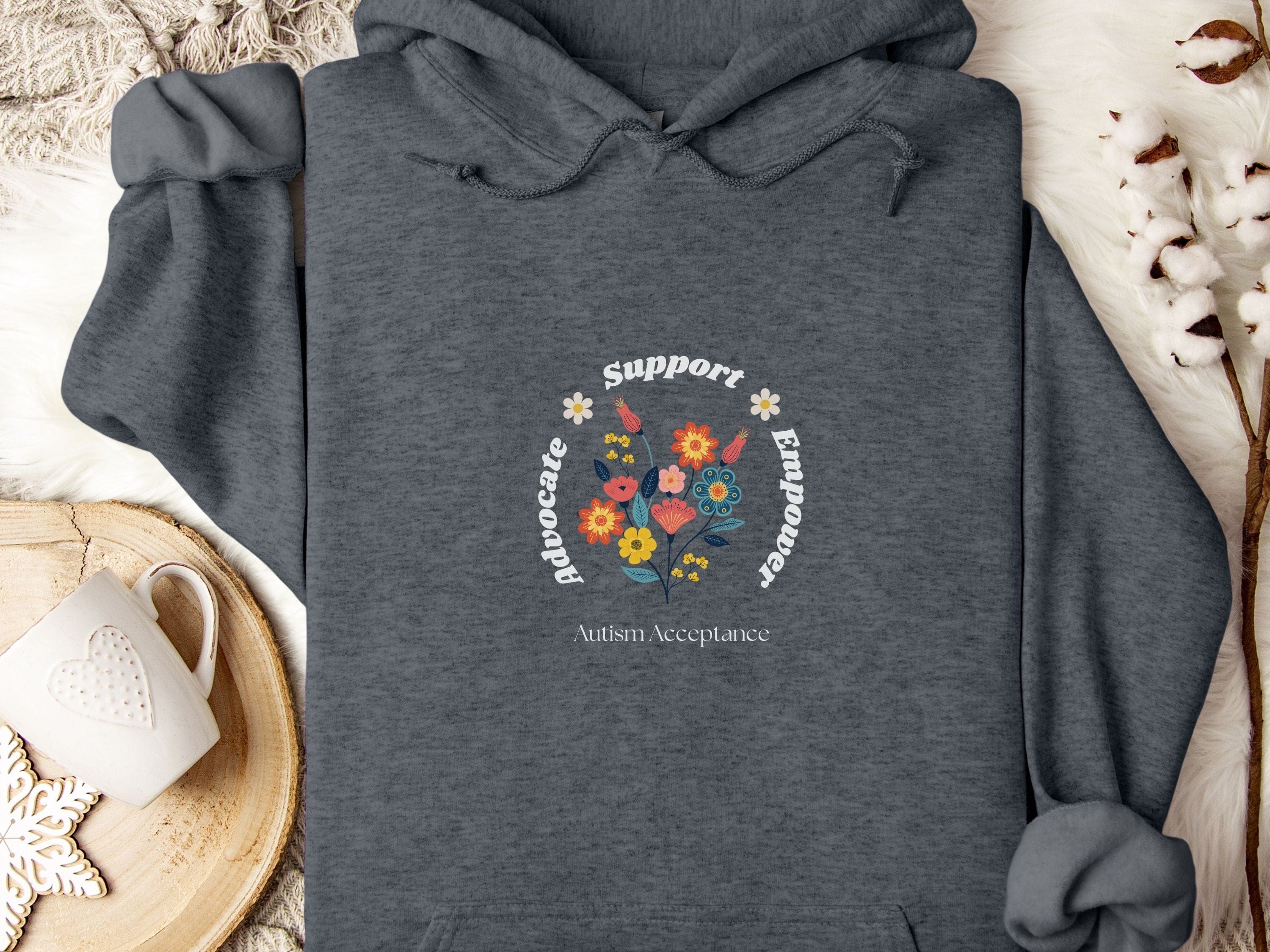 Advocate Support Empower Bunch of Flowers Hoodie-Dark Heather-Neurodiversity, ADHD & Autism Awareness & Acceptance Hoodie by Daily Bloom