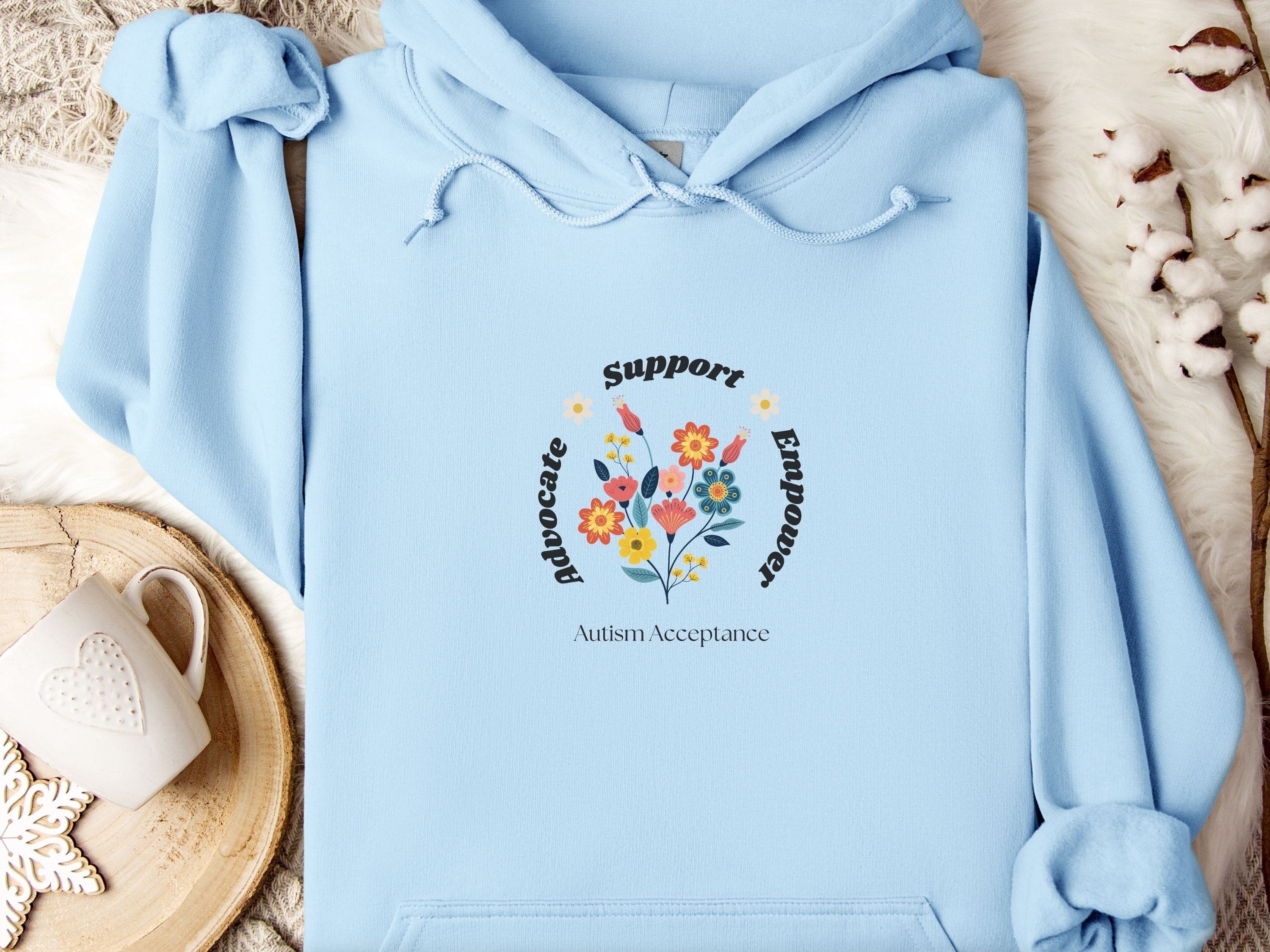 Advocate Support Empower Bunch of Flowers Hoodie-Light Blue-Neurodiversity, ADHD & Autism Awareness & Acceptance Hoodie by Daily Bloom